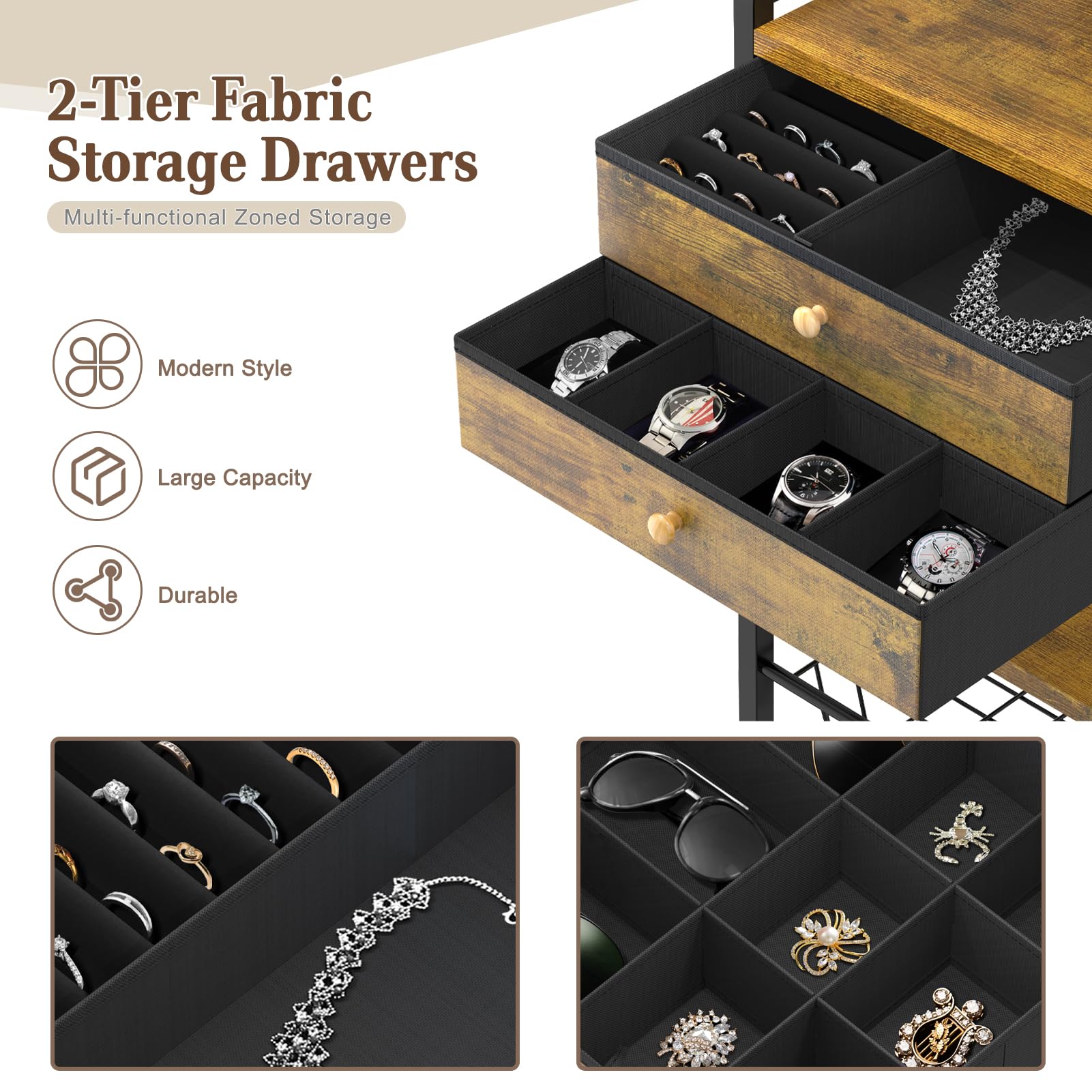 iDavosic.ly Large Jewelry Holder Organizer - 2-Tier Metal Earring Stand with Storage Drawers & Baskets for Necklace, Bracelet, Ring Display (Black & Brown) | Perfect for Bedroom Vanity, Closet Organization & Gift Giving