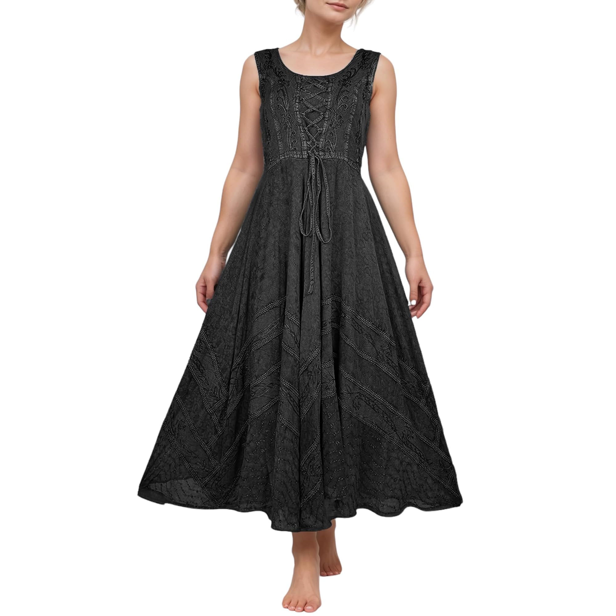 Agan Traders Women's Gothic Corset Maxi Dress - Sleeveless Embroidered Smocked Summer Dress with Twirl Skirt | Perfect for Spring/Summer Weddings, Parties & Gothic Fashion