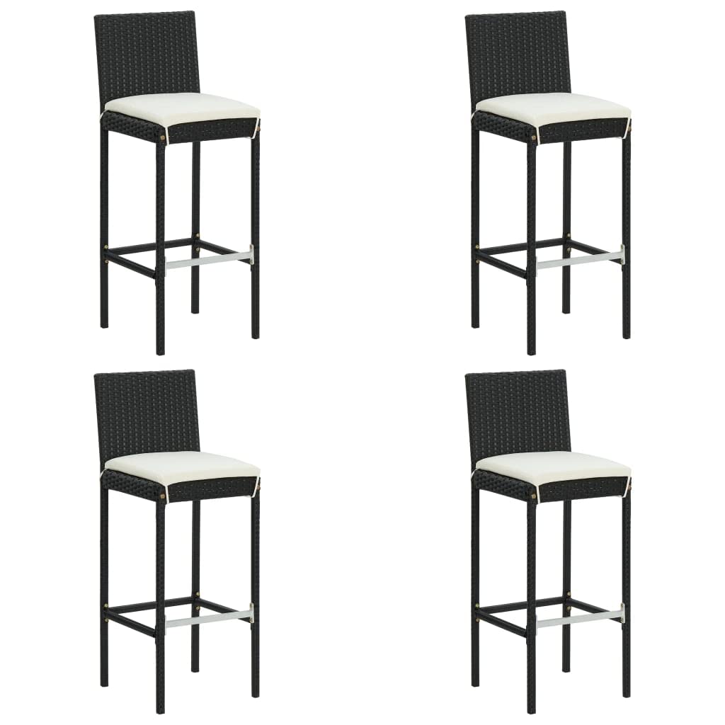 4-Piece Black Poly Rattan Garden Bar Stools with Cushions - Outdoor Patio, Poolside & Backyard Seating Furniture Set for Dining & Relaxing