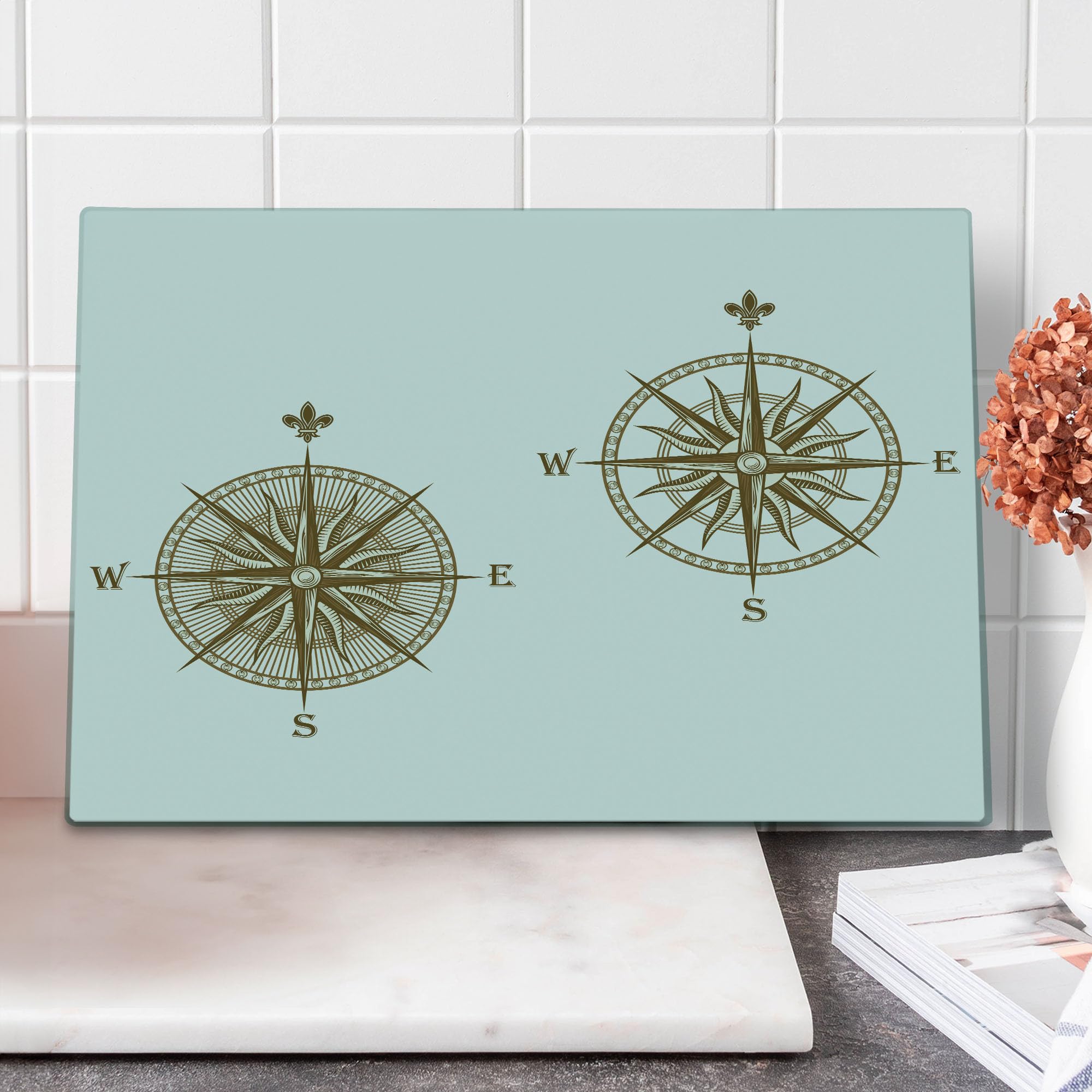 Ambesonne Compass Cutting Board - Windrose Design Travel Journey Theme with Sea Life Marine Discovery Art - Large Tempered Glass Cutting & Serving Board in Pale Brown - Perfect for Kitchen Prep, Charcuterie Display & Coastal Home Decor