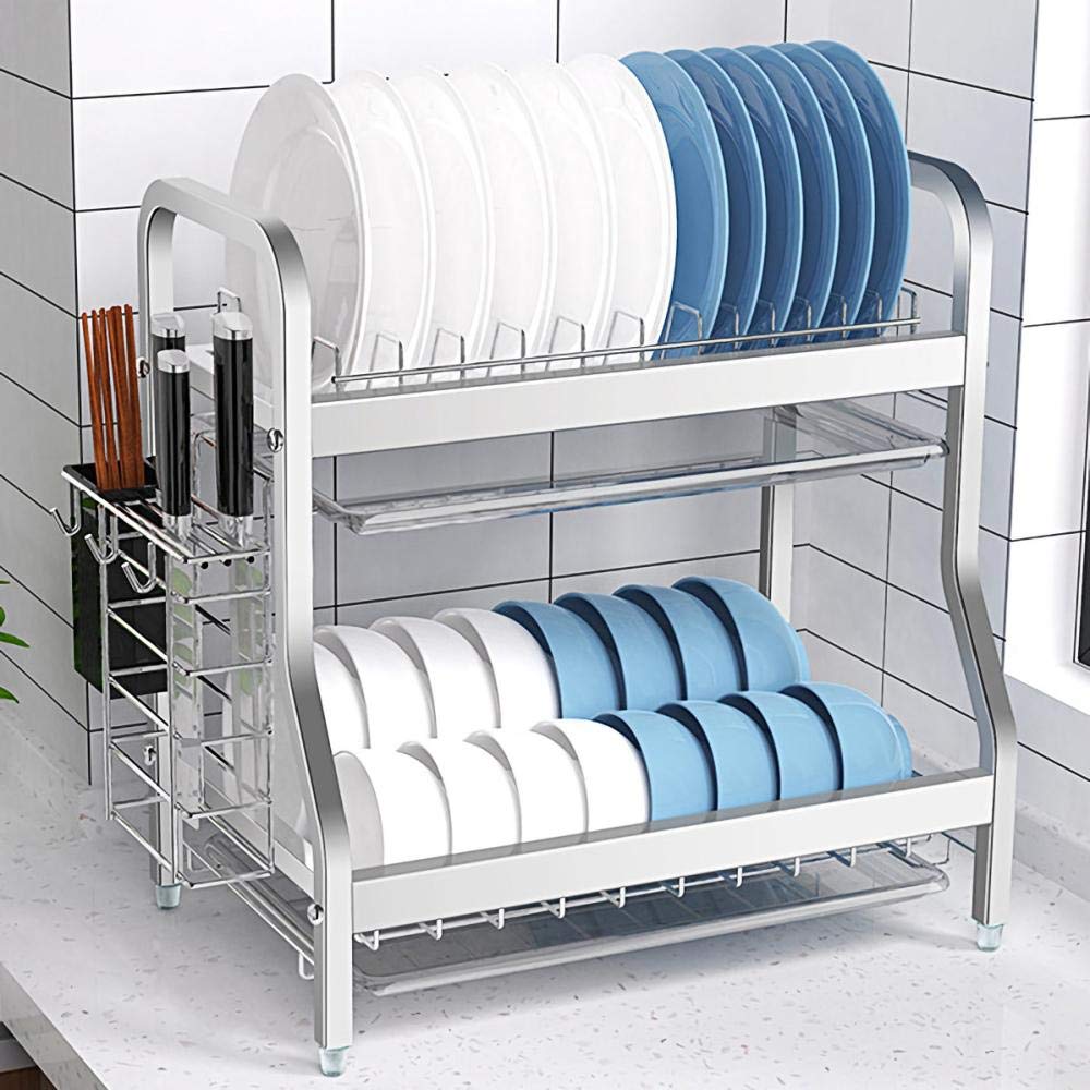 2-Tier Stainless Steel Over Sink Dish Rack with Drip Tray - 42x27x41cm (17x11x16in) Silver Kitchen Organizer for Plates, Cups & Utensils - Space-Saving Dish Drainer for Small Kitchens & Apartments