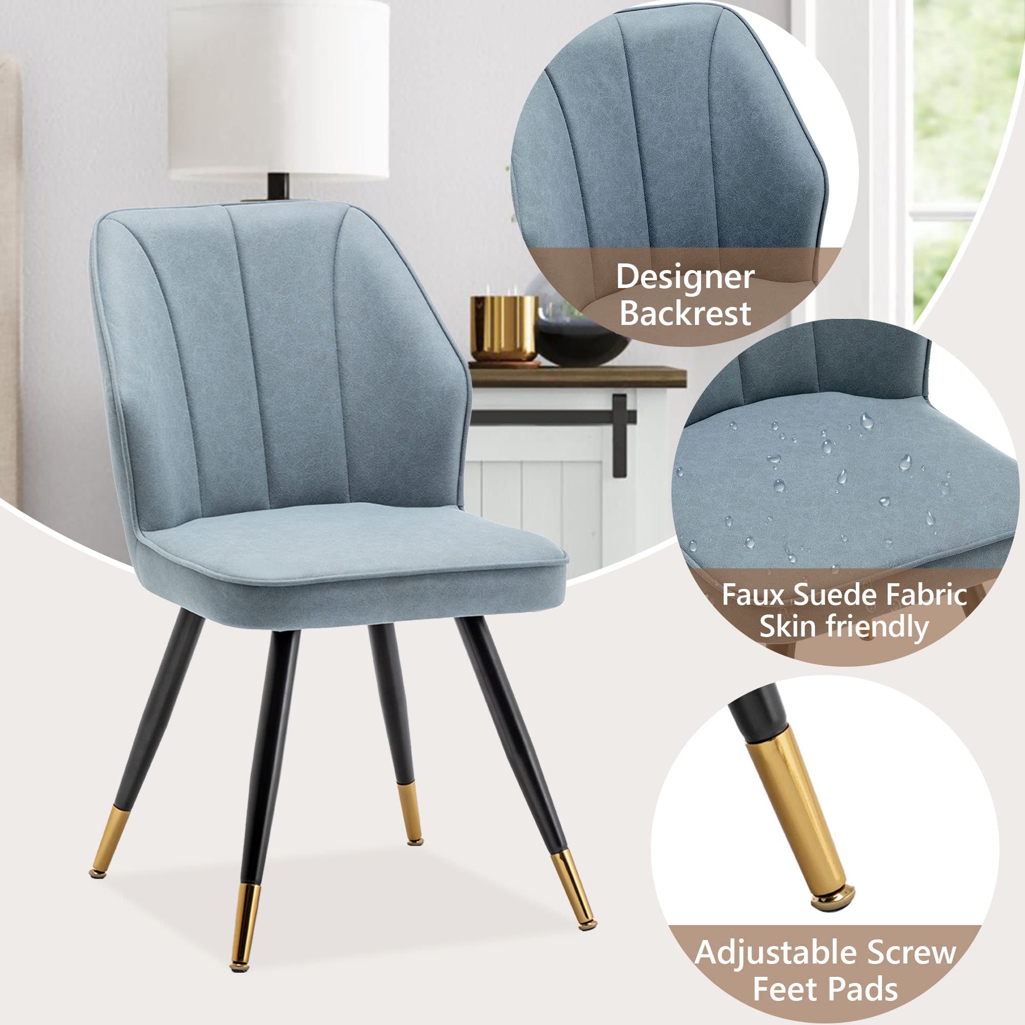 Modern Upholstered Dining Chairs Set of 2 - Armless Kitchen & Dining Room Chairs with Blue Fabric & Sturdy Metal Legs - Perfect for Home, Office, Restaurant & Cafe Seating