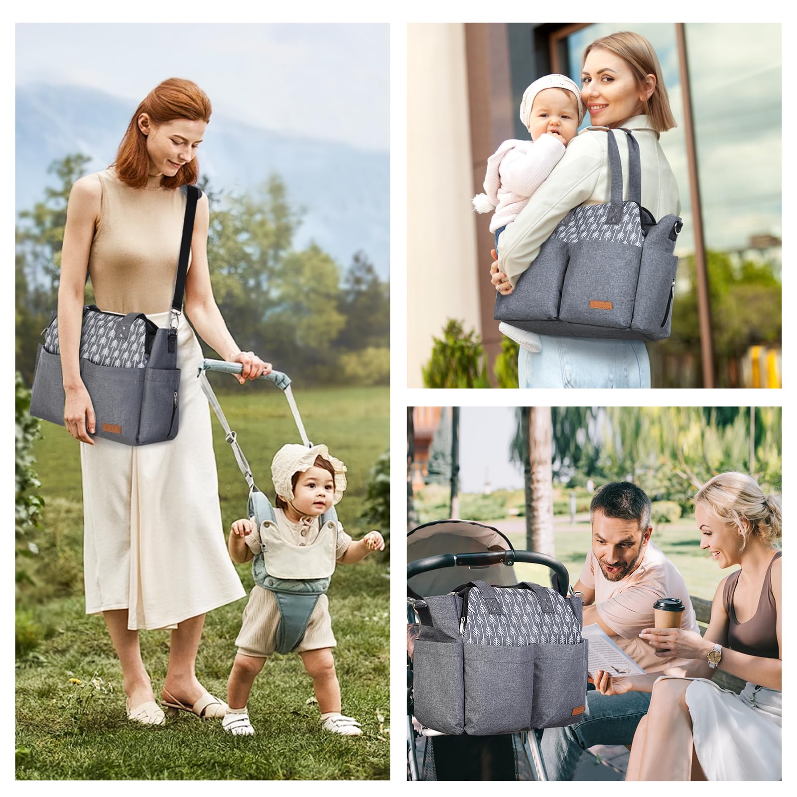 **Lekebaby Large Waterproof Diaper Bag Tote for Moms - Stylish Grey Arrow Print, Hospital & Travel Baby Essentials Organizer - Perfect for Daycare, Outings & Family Trips**