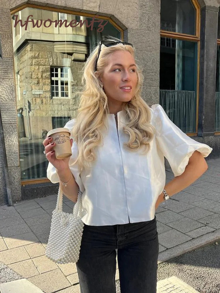 Elegant Satin Ruffle Blouse for Women - Lantern Short Sleeve Loose Fit O-Neck Top | Spring Summer Fashion Streetwear | Perfect for Office, Date Night & Casual Outings