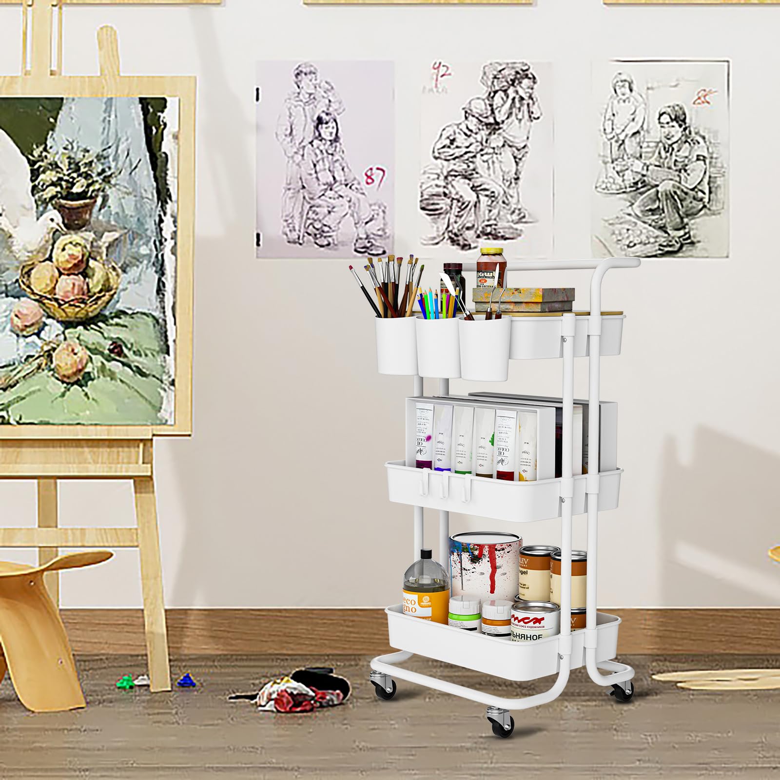 3-Tier Rolling Utility Cart with Lockable Wheels, Metal Handle & Storage Baskets - Perfect for Kitchen, Bathroom, Office & Classroom Organization - White