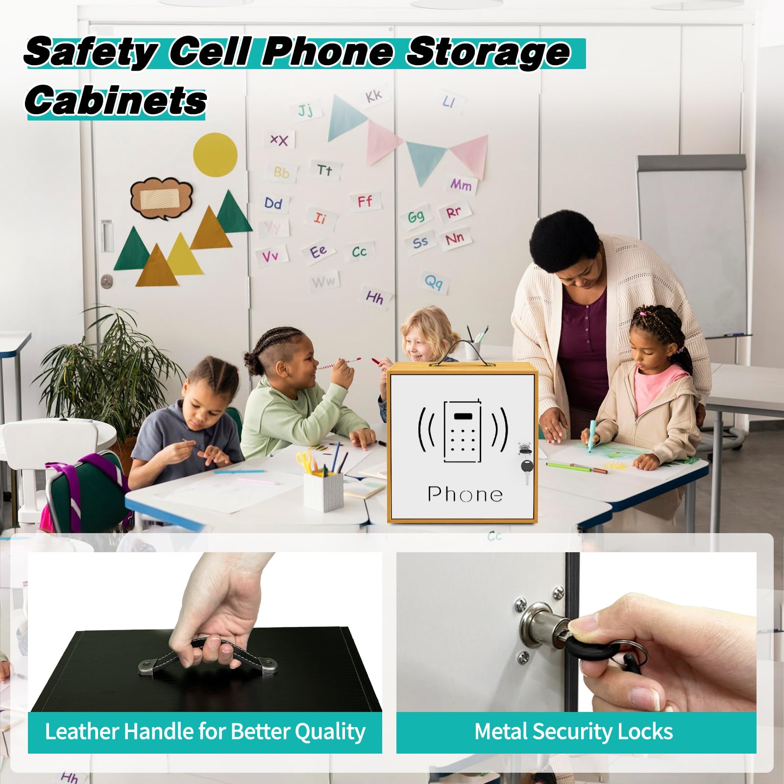 31-Slot Wooden Cell Phone Storage Cabinet with Handle & Security Lock - Cherry Wood Desktop Phone Holder for Classroom, Office, and Home Organization