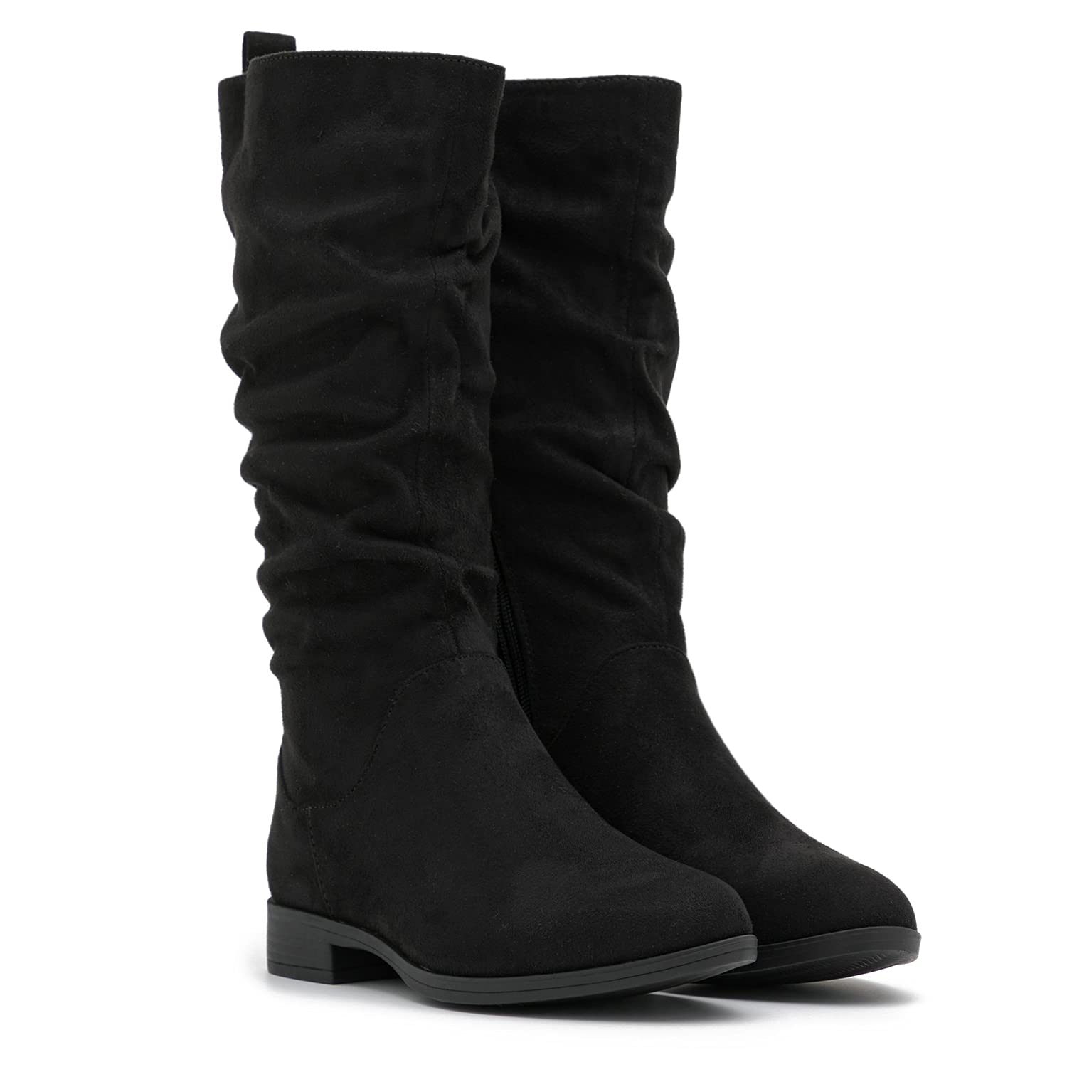 MOOMMO Women's Suede Mid Calf Slouch Boots - Flat Heel Winter Boots with Side Zipper, Wide Calf & Round Toe (US 4-13) | Retro Casual Comfy Boots for Everyday Wear, Office & Winter Outfits
