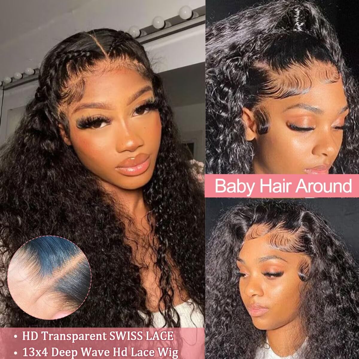 RENUS 30 Inch 13x4 Lace Front Wig - 180% Density Deep Wave Human Hair Wig for Women | Brazilian Virgin Hair with HD Transparent Lace & Baby Hair | Glueless Natural Black Curly Wig for Daily Wear, Parties & Special Occasions