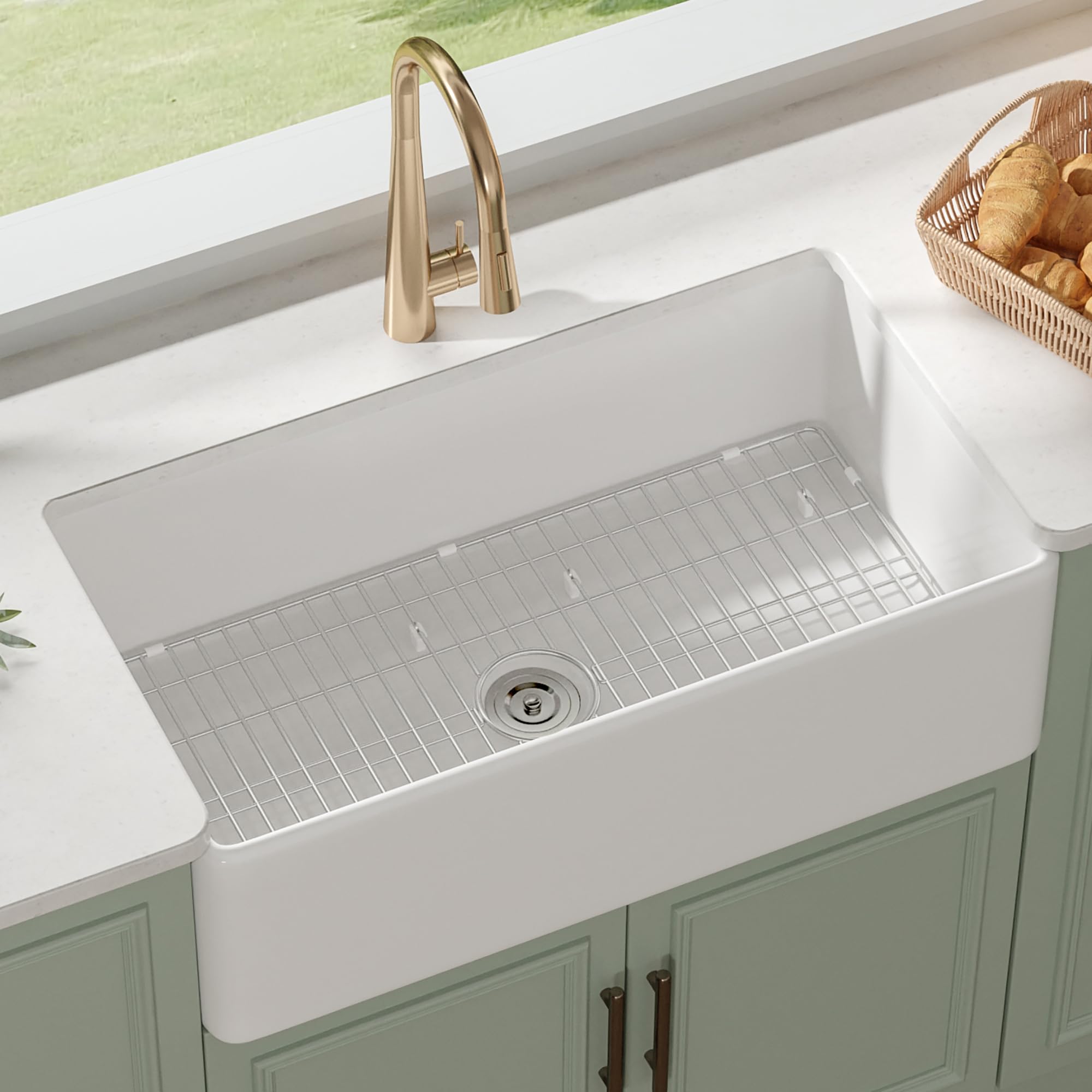 DeerValley 33 Inch White Farmhouse Kitchen Sink - Fireclay Apron Front Single Bowl Undermount Sink with Deep Basin, Bottom Grid & Strainer - Perfect for Rustic, Farmhouse & Modern Kitchens