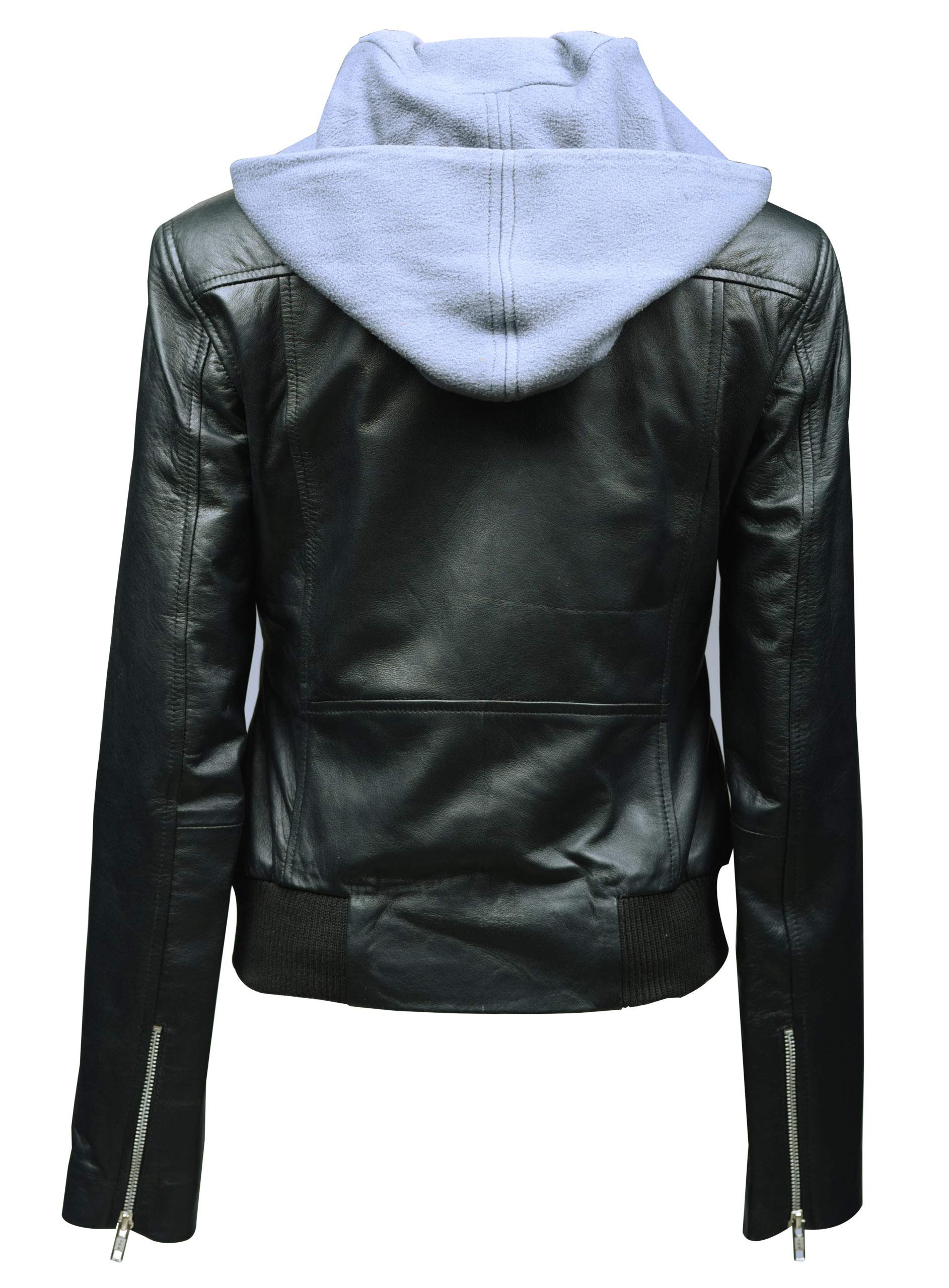 Spirit Black & Gray Hooded Bomber Jacket - Genuine Leather, Missy Plus Size - Stylish Outerwear for Women, Perfect for Casual Outings & Cool Weather