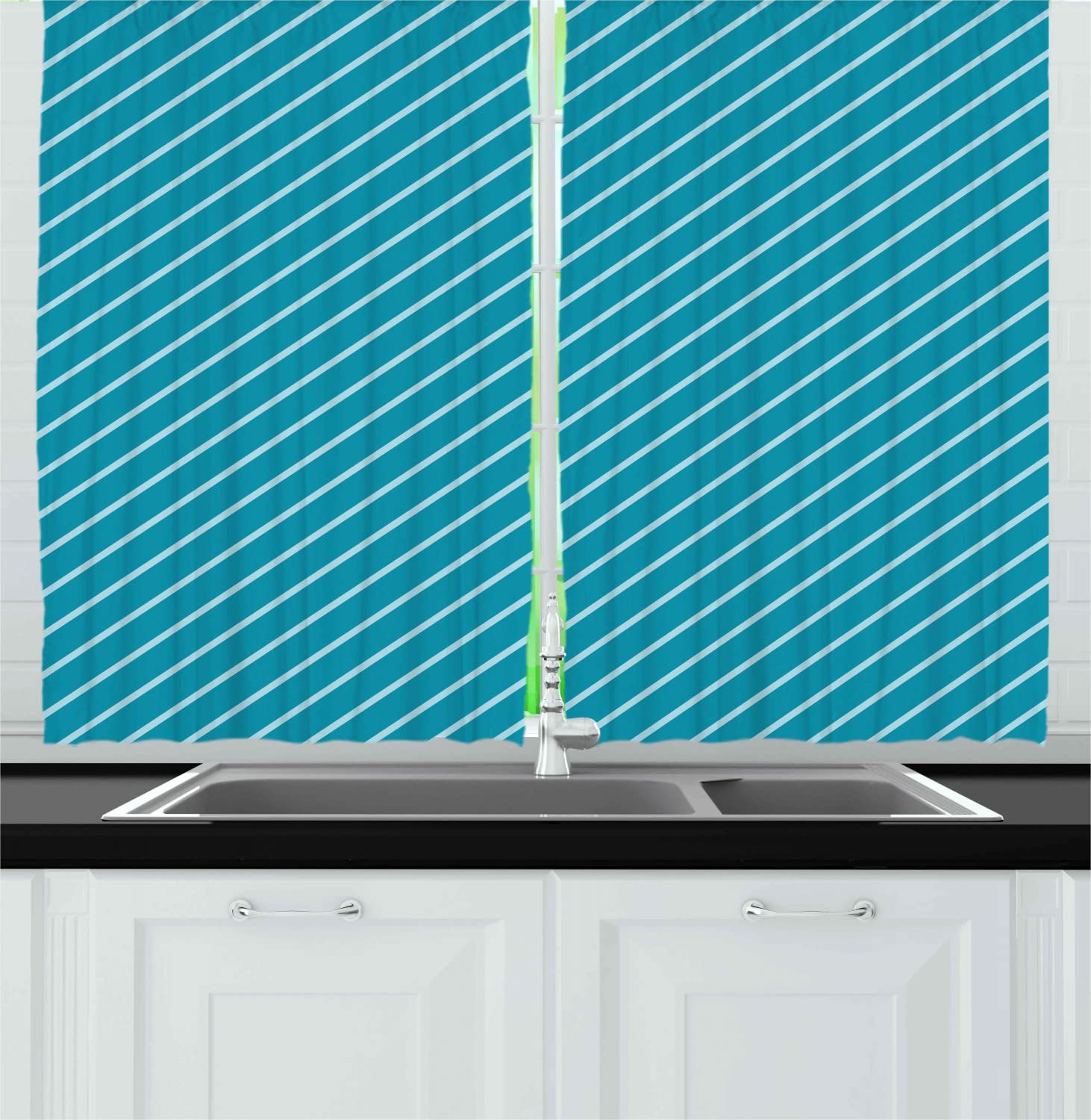 Ambesonne Geometric Long Kitchen Curtains - Diagonal Striped Pattern in Mediterranean Cruise Colors, Ocean Travel Adventure Theme - 2 Panel Drapes with Rod Pocket, 55