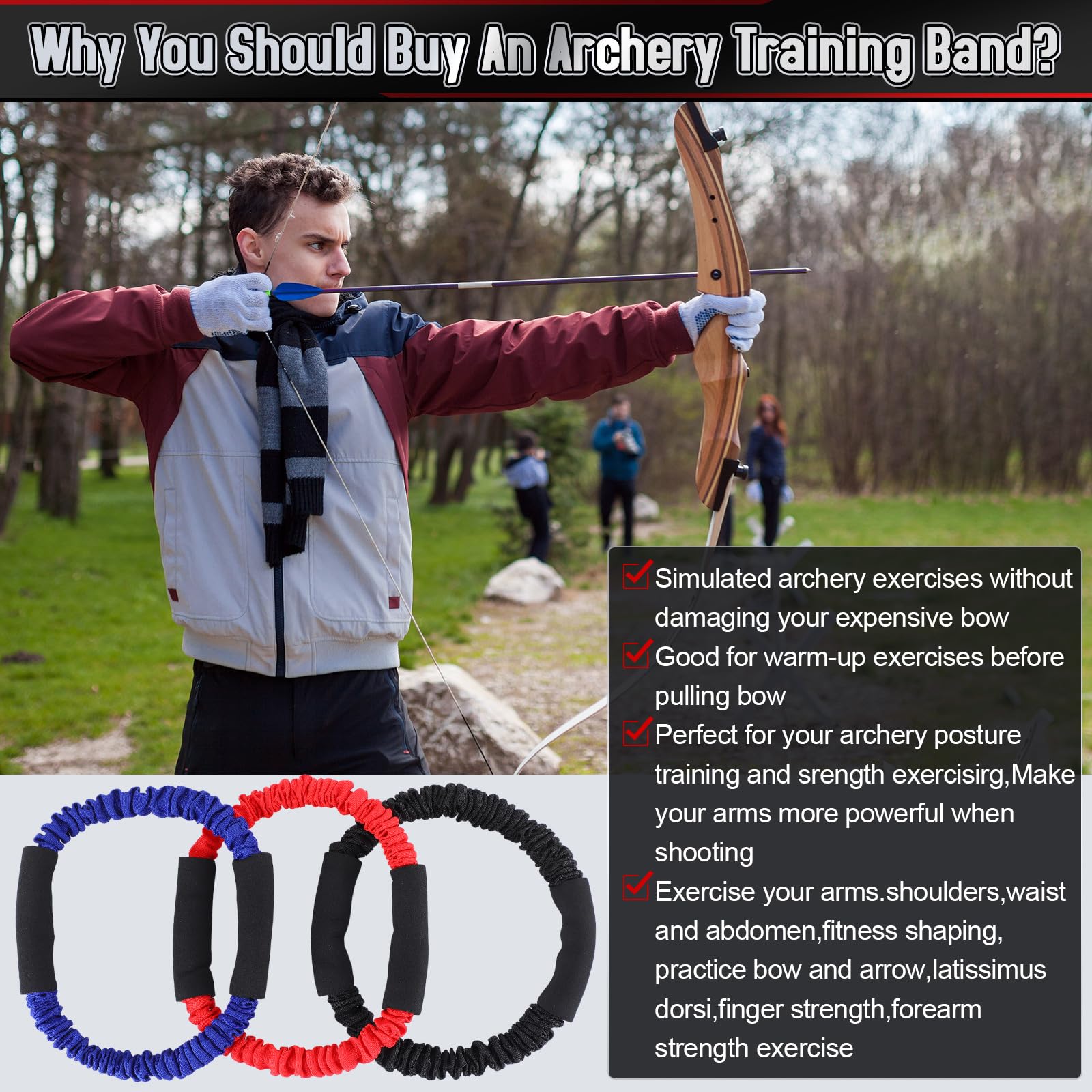3-Piece Archery Bow Strength Trainer Set (30/40/50 Lbs) - Arm Exercise Resistance Bands for Bow Practice & Strength Training | Perfect for Home Gym, Outdoor Shooting & Crossbow Training