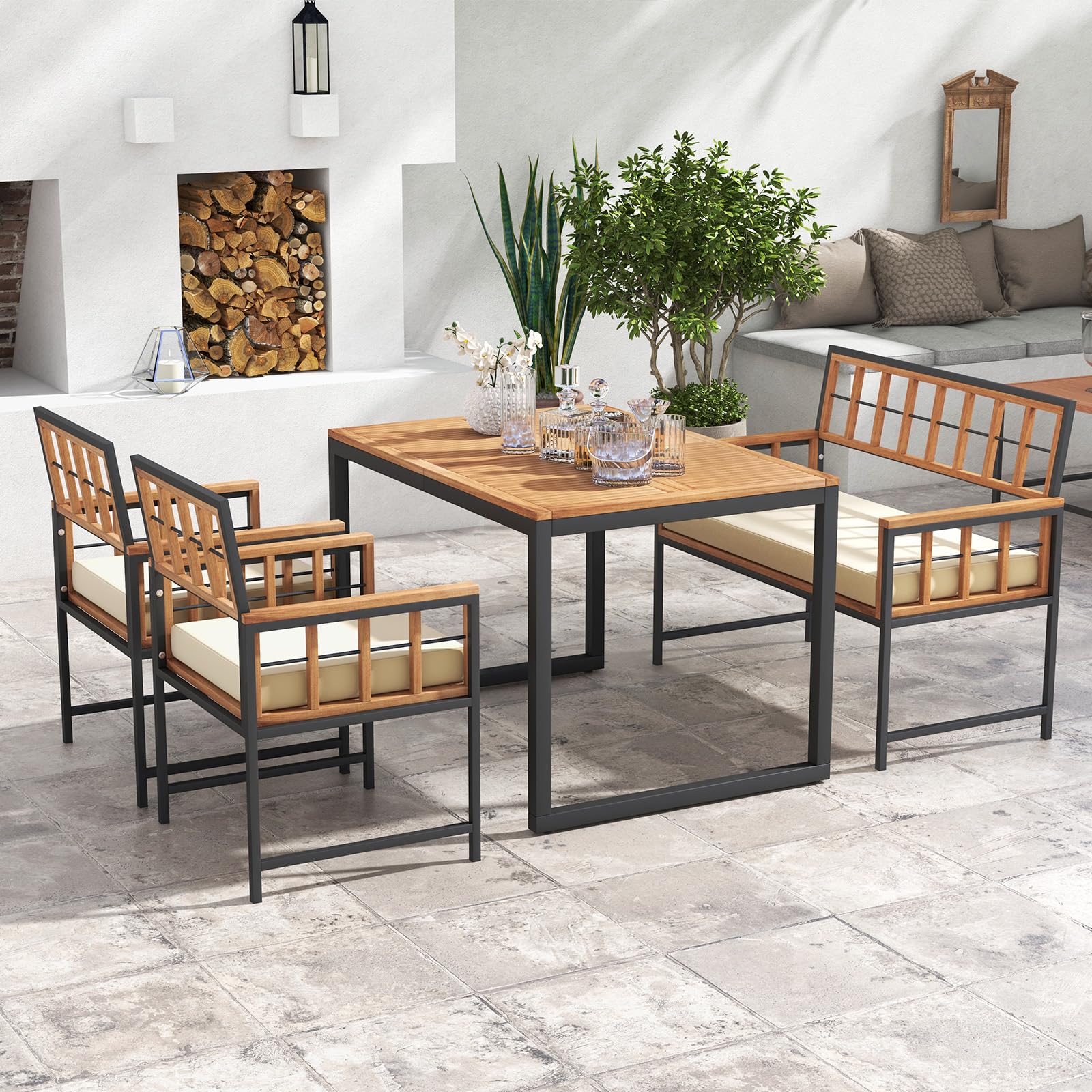 Tangkula 4-Piece Acacia Wood Patio Dining Set with 2 Chairs & 1 Loveseat - 47