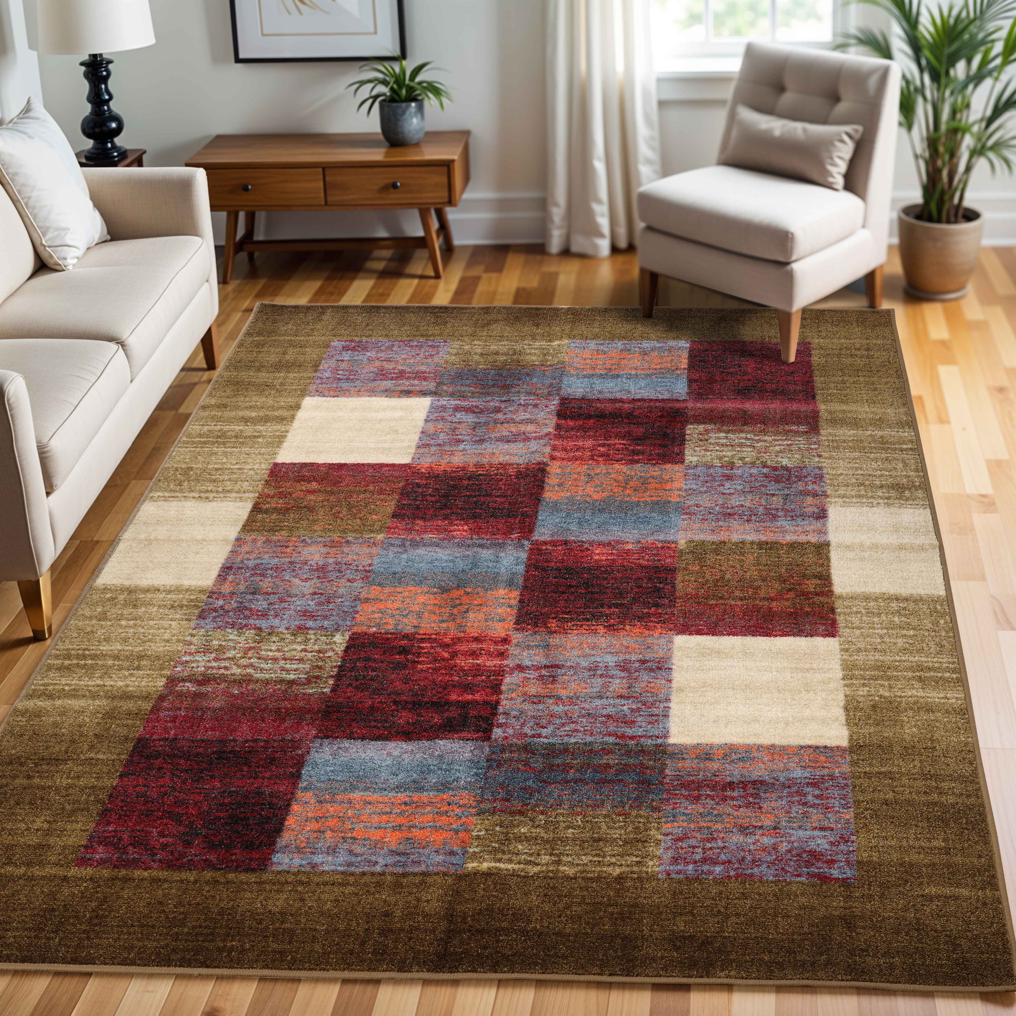 Lockwood Color Block Non-Slip Washable Indoor Area Rug or Runner - Perfect for Living Room, Bedroom, Entryway & High Traffic Areas