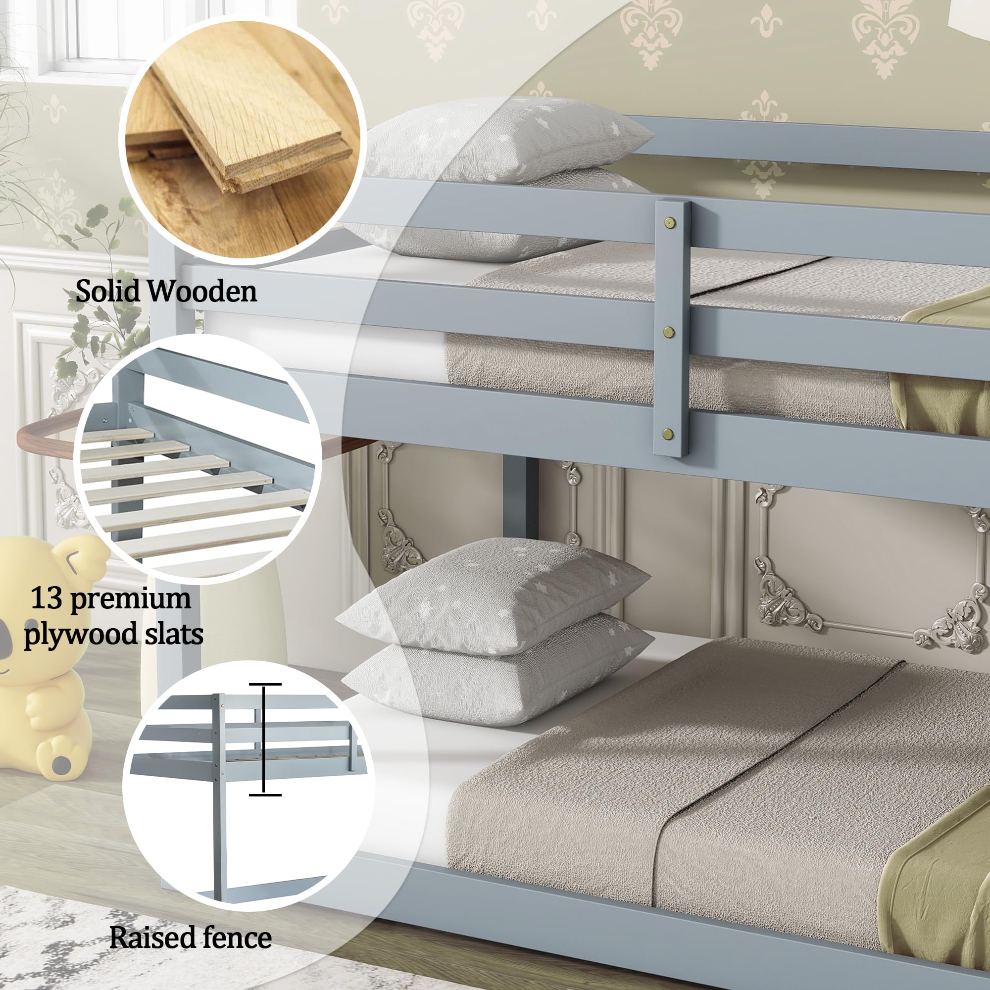 Twin Over Twin Low Bunk Bed with Safety Guardrail & Ladder - Space-Saving Kids Bedroom Furniture for Small Rooms - Easy Assembly, Sturdy Design for Children's Bedroom or Guest Room