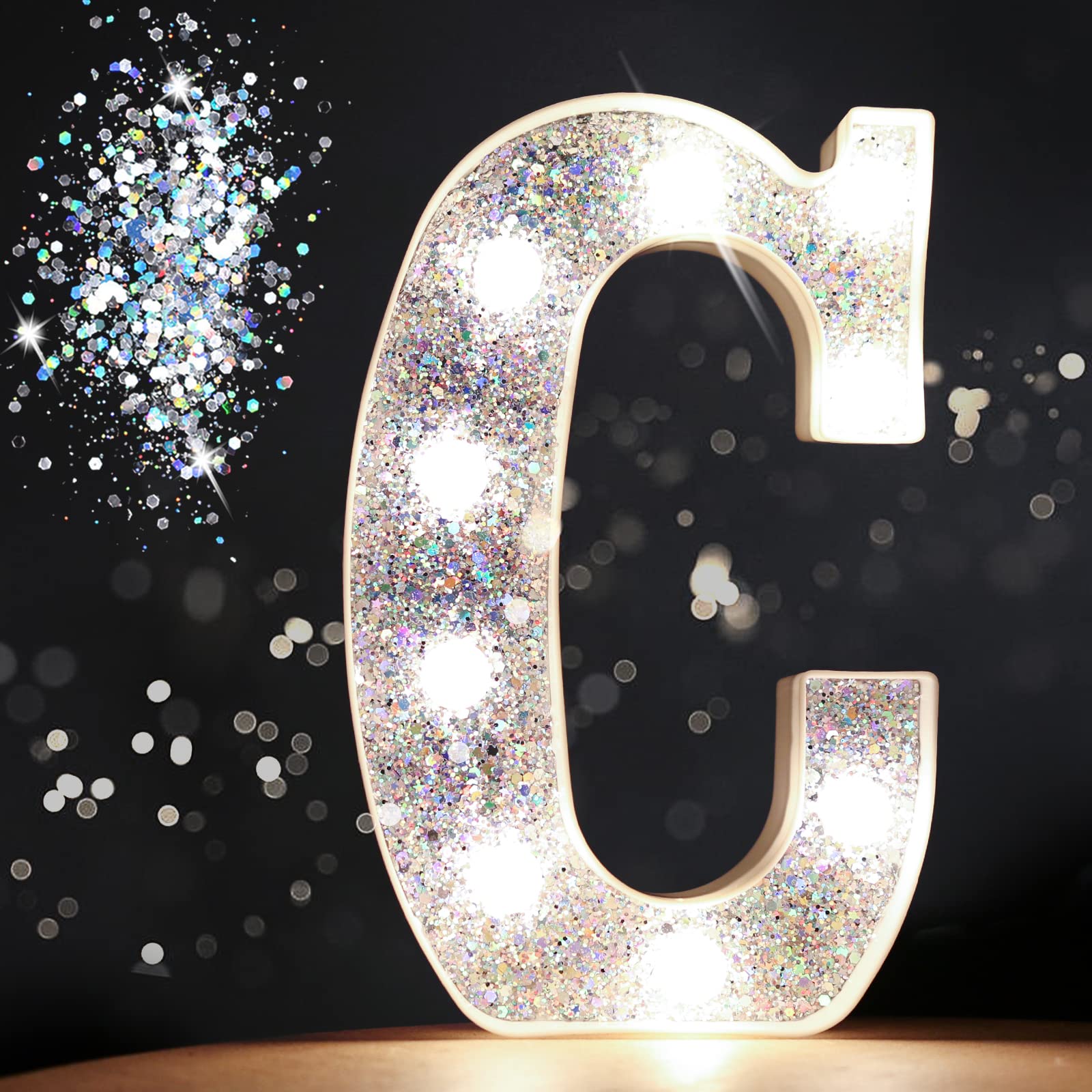 Pooqla Silver LED Marquee Letter C - Battery Powered Glitter Alphabet Light Sign for Home, Bar, Party & Wedding Decor - Perfect for Night Light, Birthday, Christmas & Girls Gifts