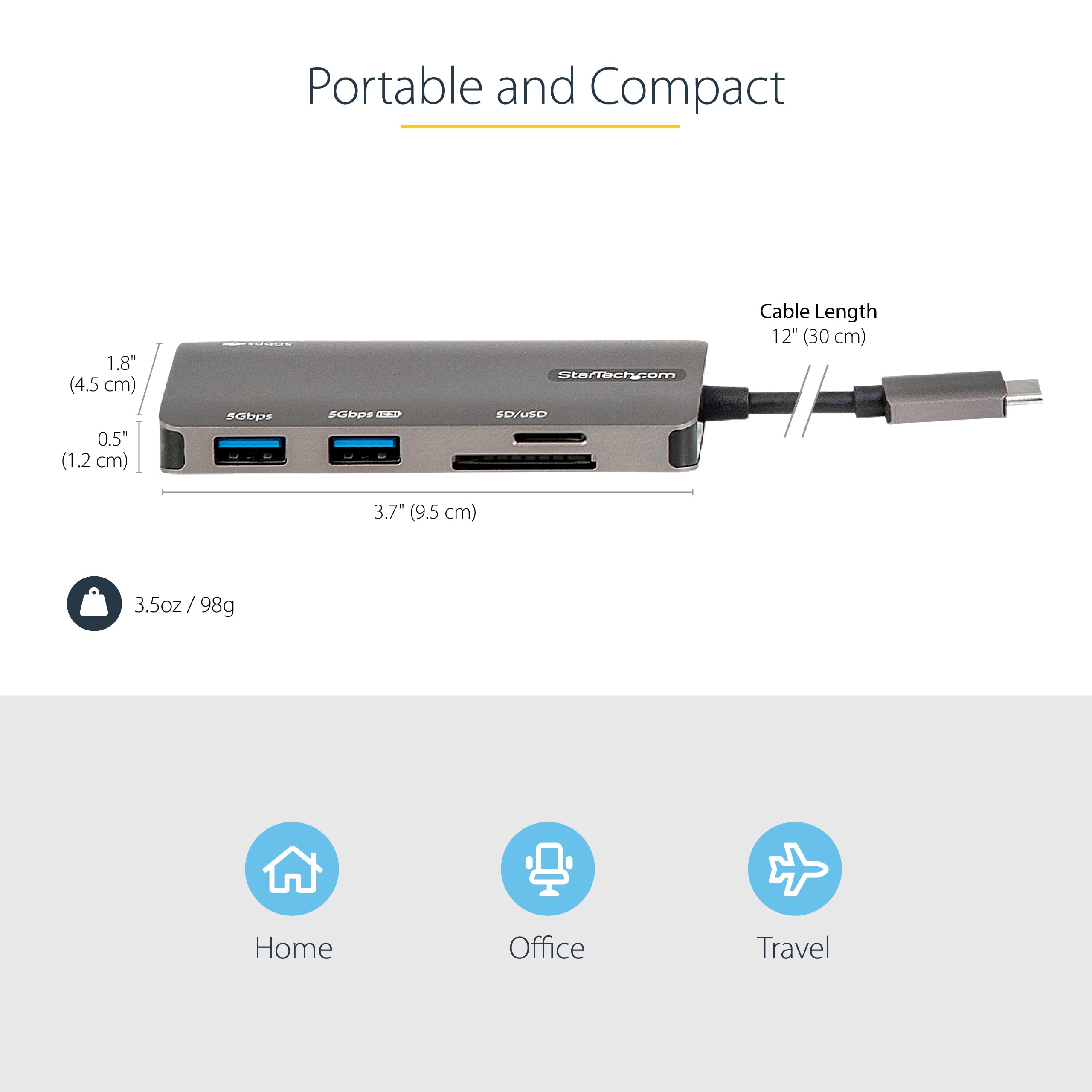 StarTech.com USB C Multiport Adapter - 4K HDMI, 100W PD, SD/MicroSD, 3x USB 3.0 Ports - Compact USB-C Hub with 12