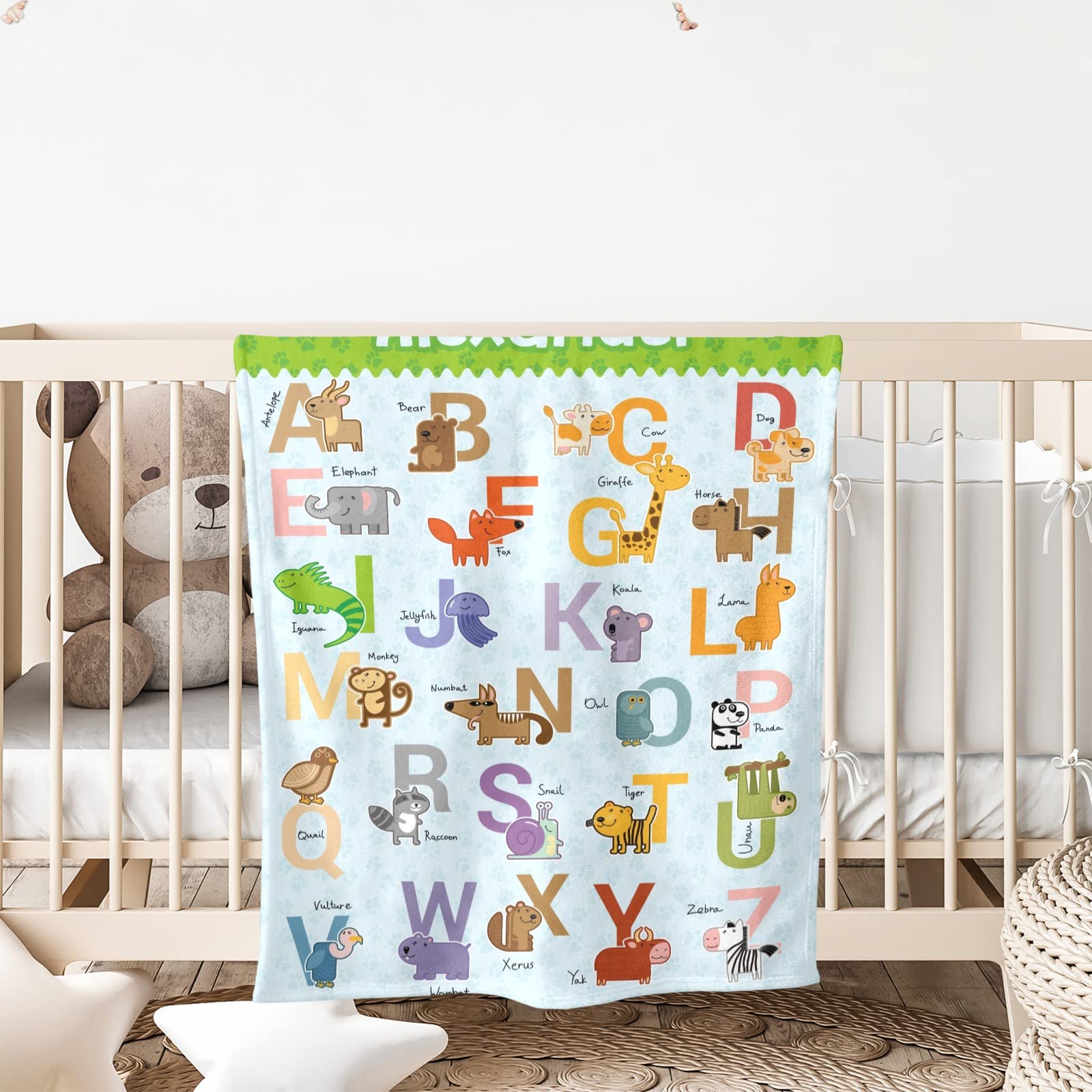 Personalized Baby Blankets for Boys and Girls - Custom Zoo Animal Alphabet Newborn Receiving Blanket with Name - 50x60 Inch Soft Baby Shower Gift for Nursery, Christening, and First Birthday