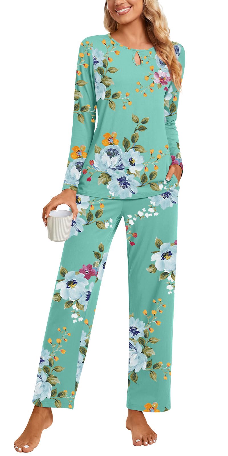 Aodemo Women's 2 Piece Pajama Set - Long Sleeve Keyhole Sleepwear with Pockets - Soft Lounge Pjs for Fall & Winter - Perfect for Sleeping, Lounging & Travel