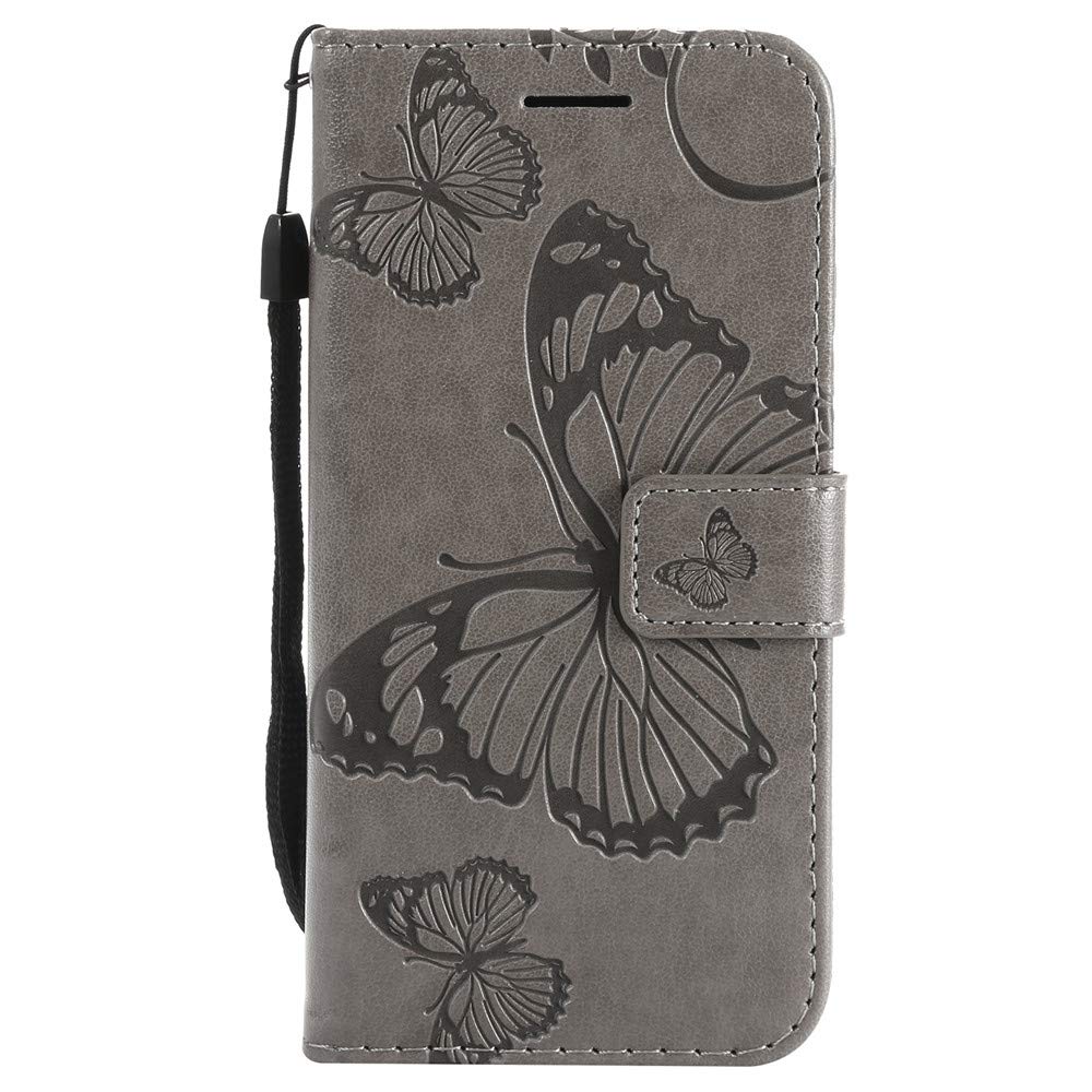Premium PU Leather Flip Wallet Case for iPhone SE 2020/iPhone 8/iPhone 7 - Shockproof Protective Cover with Card Holder & Butterfly Flower Embossed Design (Big Butterfly Gray) - Perfect for Daily Use, Travel, and Business Meetings