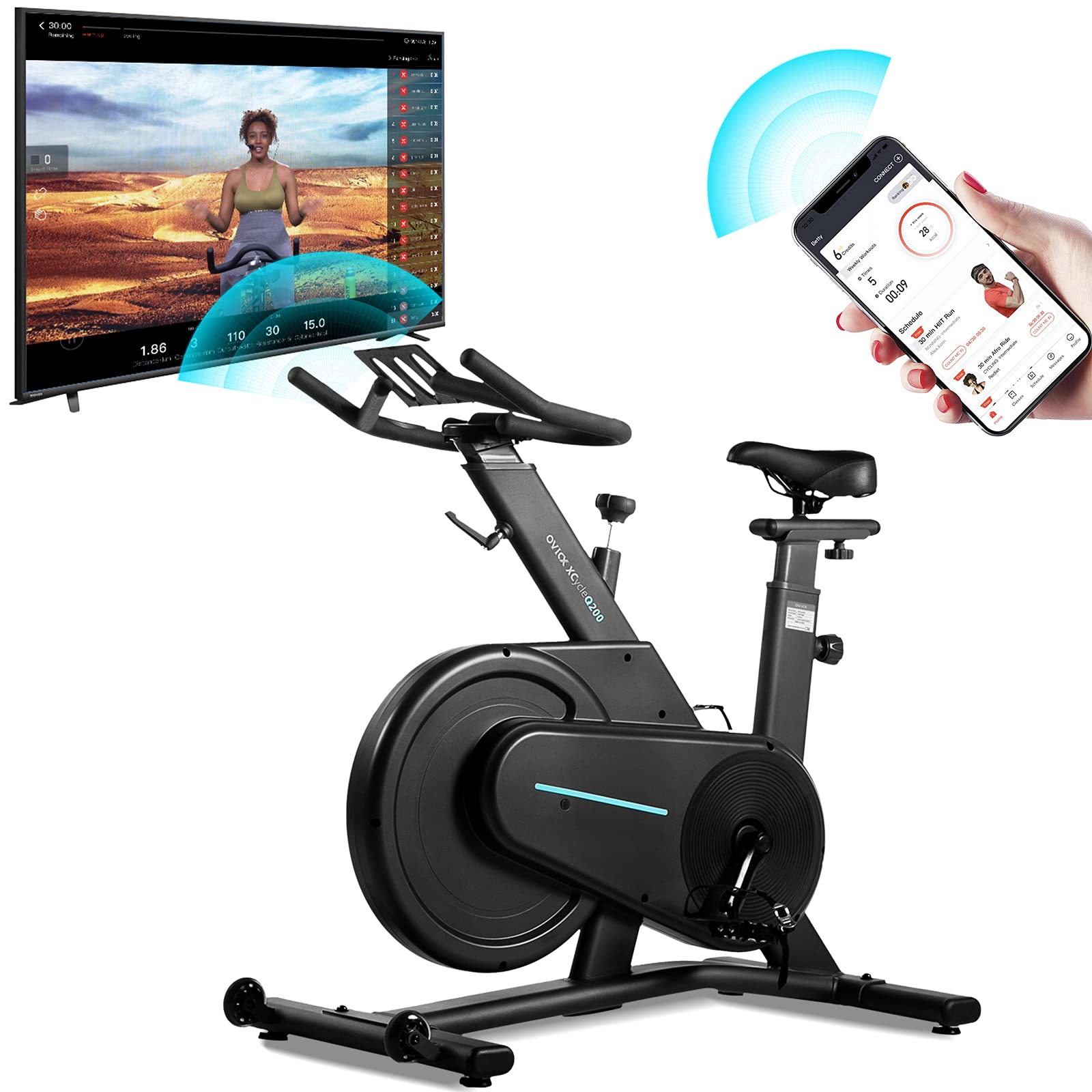 OVICX Magnetic Stationary Bike with Bluetooth, Adjustable Handlebar & Belt Drive - Indoor Cycling Bike for Home Gym, Cardio Workouts & Fitness Training - Perfect for Small Spaces & Apartment Workouts