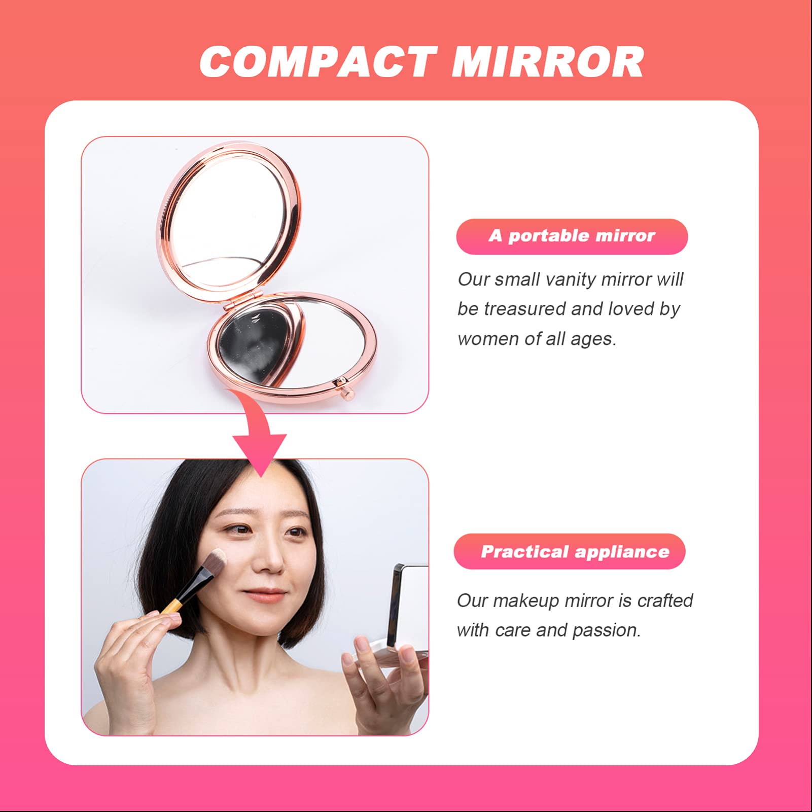 HEALLILY Compact Folding Makeup Mirror with Rhinestones - Portable Travel Cosmetic Mirror for Women & Girls, Pink Handheld Mirror for Purse, Gym, Office & On-the-Go Touchups