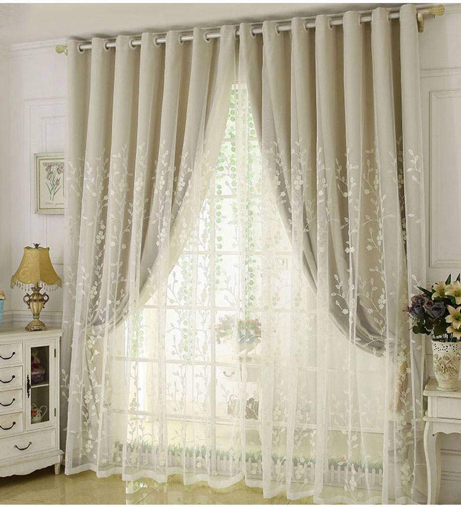 Double-Layer Blackout Thermal Insulation Curtains with Grommet Top - Voile Window Drapes for Nursery, Bedroom & Balcony - Embroidered Rice Color 1 Panel (250x270cm/98x106in) - Perfect for Light Control, Privacy & Energy Savings