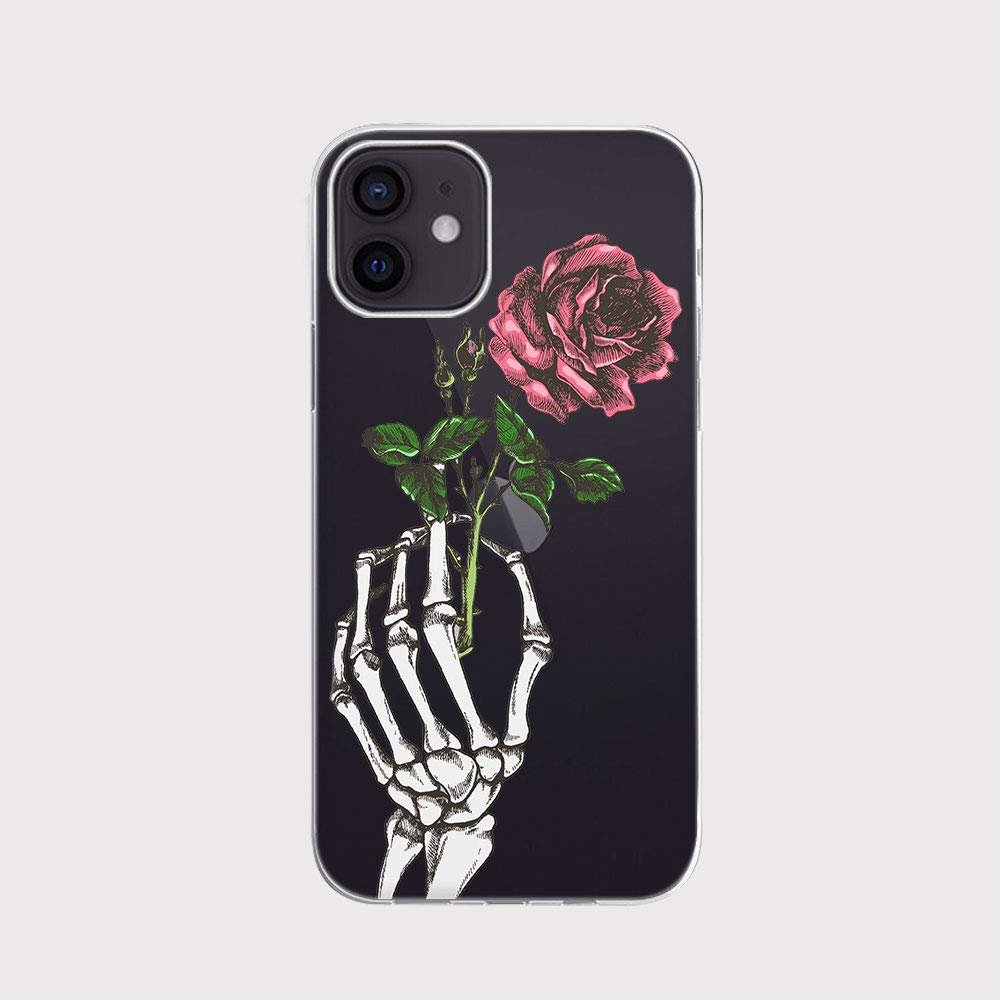 FancyCase Compatible with iPhone 12 Case (6.1 Inch) - Stylish Skeleton Rose Design Flexible TPU Protective Clear Cover | Slim Fit Shockproof Phone Case for Women & Men | Perfect for Daily Use, Work & Travel