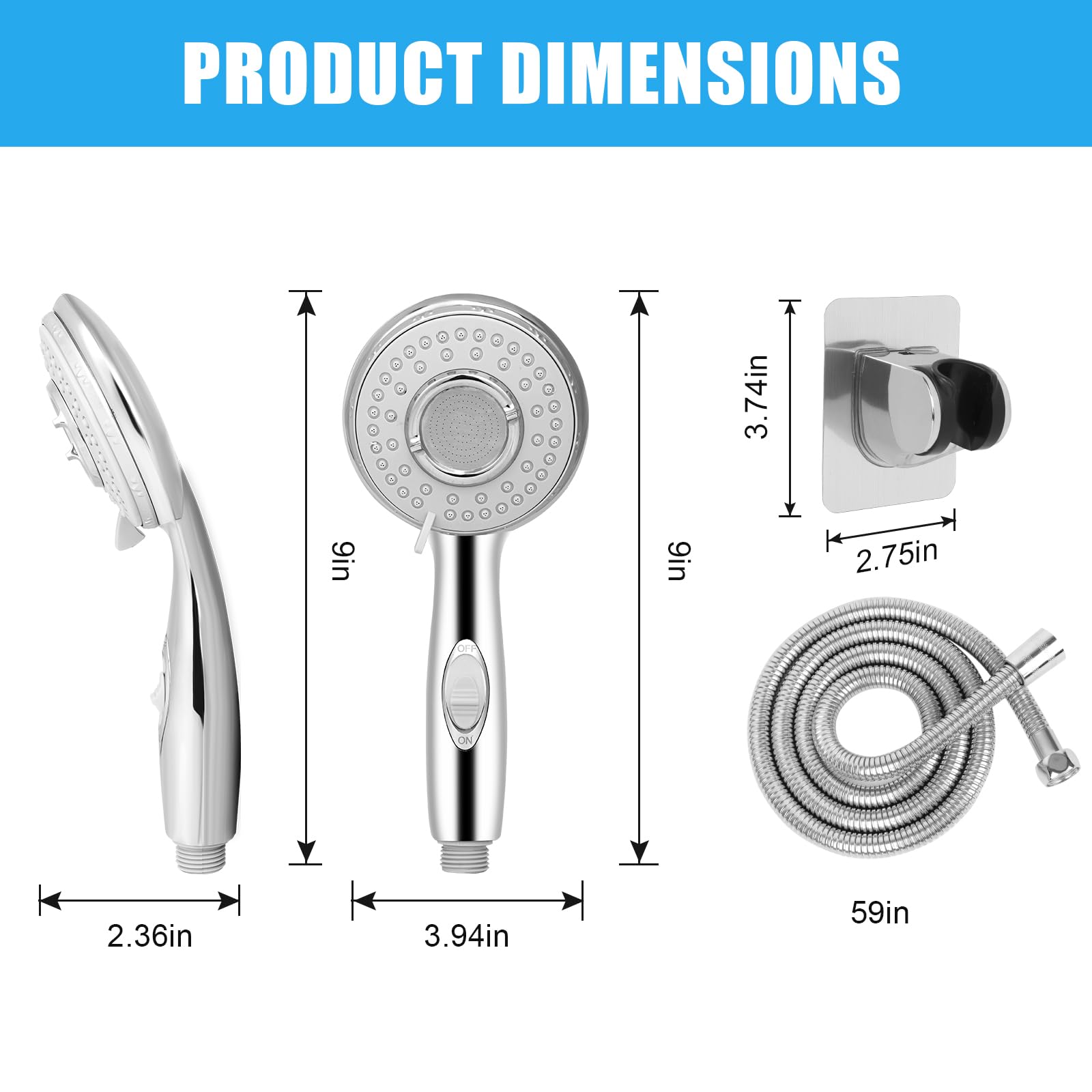 RV Shower Head with Hose - 6 Mode High Pressure Handheld Shower Head Replacement for Campers, Travel Trailers & Motorhomes | Detachable Shower Head with On/Off Switch, Holder & Chrome Hose | Perfect for Outdoor Camping, RV Trips & Mobile Living