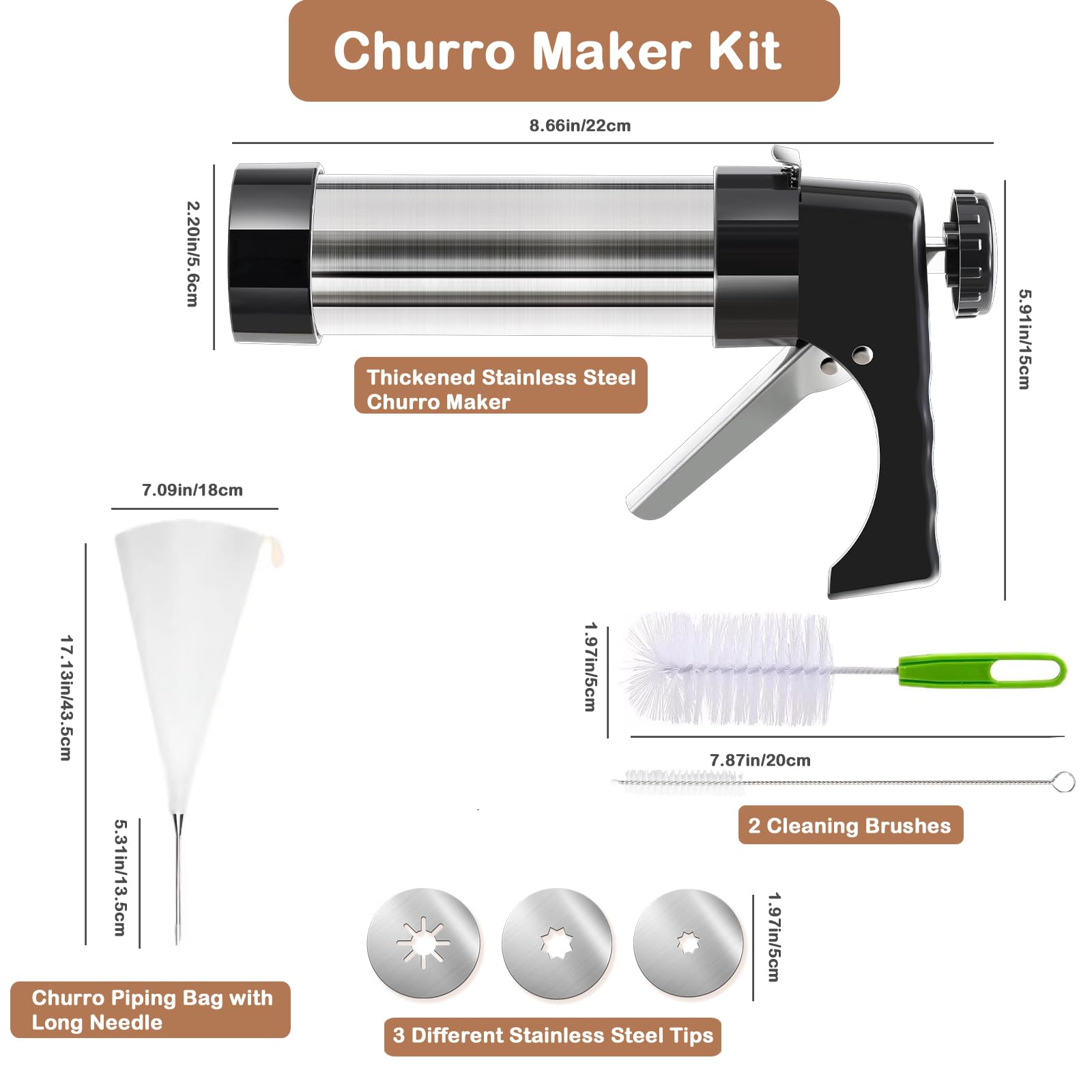 Stainless Steel Churro Maker Machine Kit with 3 Nozzles & 2 Brushes – Professional Churro Piping Tip & Bag for Homemade Churros – Perfect for Parties, Catering, and Home Baking