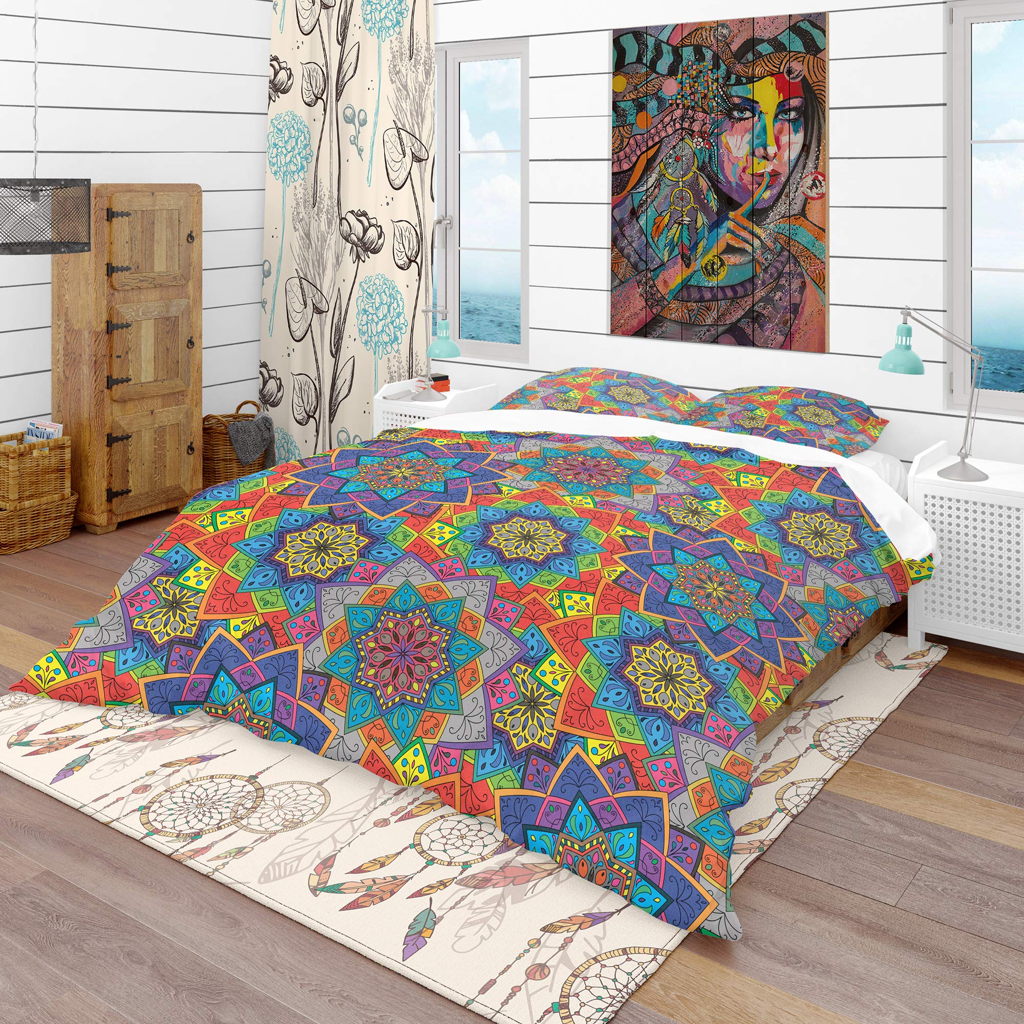 DesignQ Bohemian Duvet Cover Set Queen Size - 3 Piece Blue Indian Ethnic Print Bedding Set | All Season Soft Cotton Comforter Cover | Perfect for Eclectic, Boho & Global Decor Bedrooms