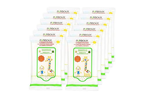 PÜRDOUX™ 100% Cotton Baby Wipes with Aloe Vera & Chamomile - Hypoallergenic & Gentle for Sensitive Skin (120 Wipes/Box, 12 Resealable Packets) - Perfect for Diaper Changes, Face Cleaning & On-the-Go Use