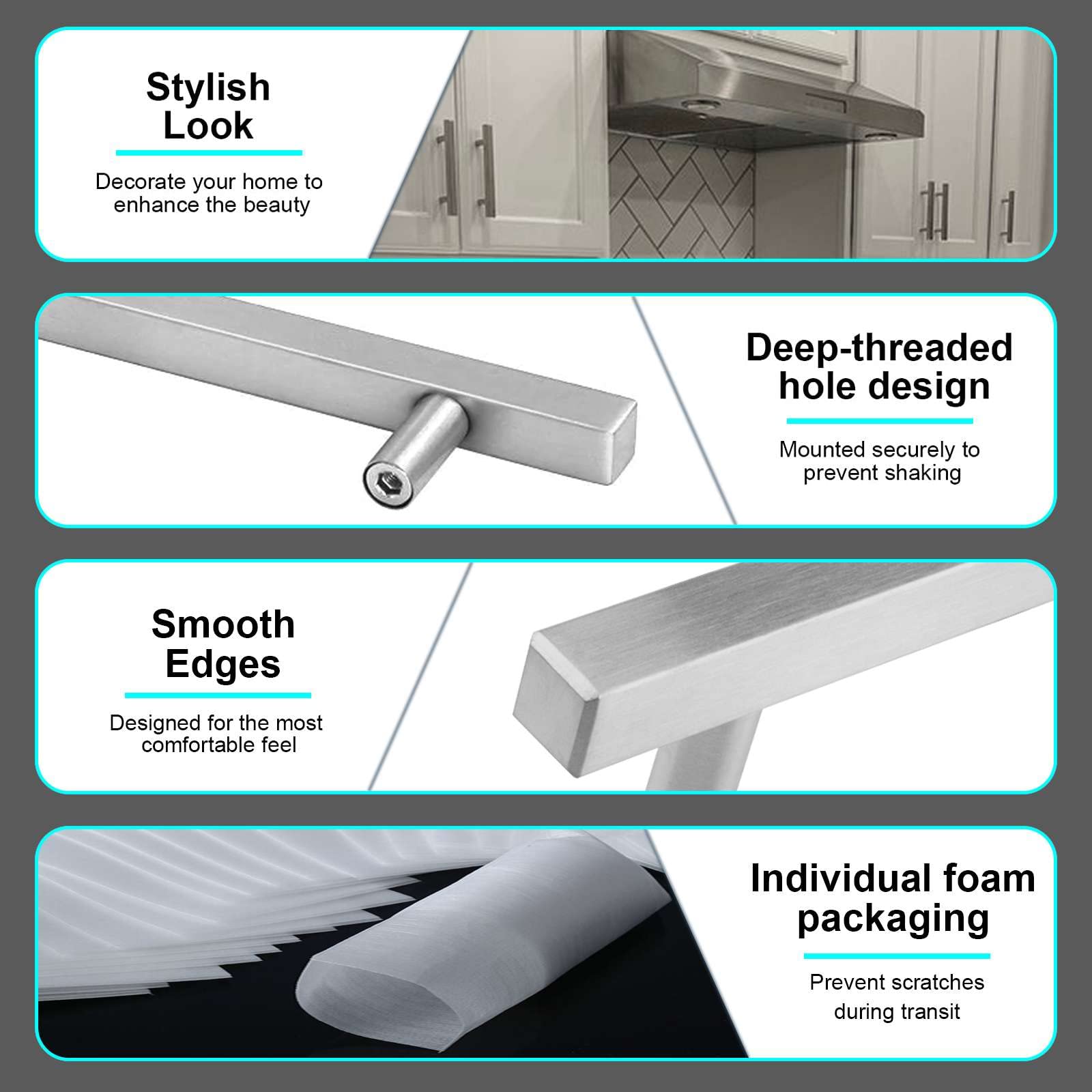 10 Pack Square Euro Bar Cabinet Handles - 304 Stainless Steel 2
