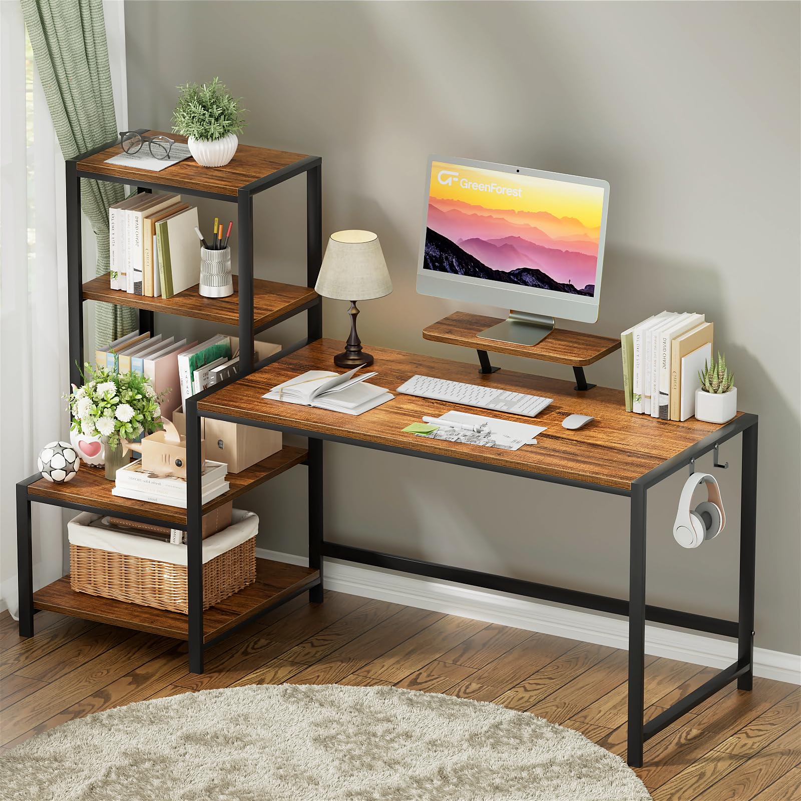 GreenForest 58 Inch Computer Desk with Printer Shelf & Monitor Stand - Reversible Office Desk with 2 Hooks, Sturdy Home Workstation for Study, Writing, Working & Gaming - Perfect for Small Spaces & Home Offices (Brown)
