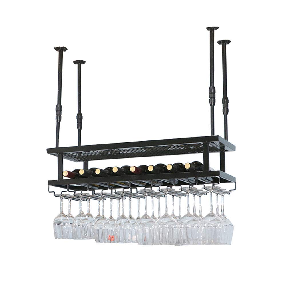 Vintage Black Ceiling-Mounted Wine Rack - Adjustable Height Floating Wine Shelf for Bottles & Stemware - Perfect for Kitchen, Dining Room, or Wine Cellar Storage