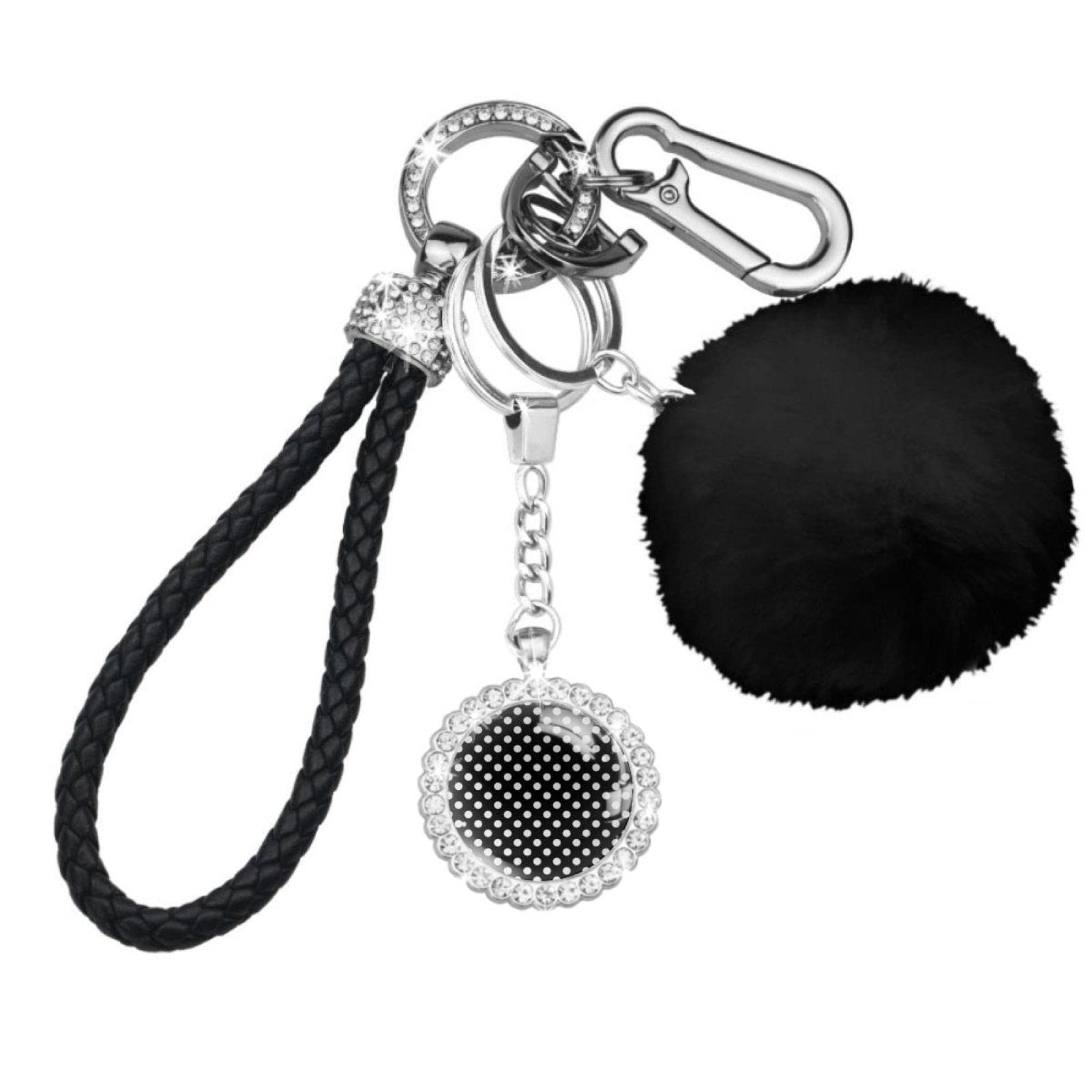 Black and White Polka Dot Pom Pom Keychain - Fluffy Artificial Fur Ball Keyring for Women, Cute Car Bag Charm Accessory | Perfect Gift for Her, Birthday, Christmas, and Everyday Carry