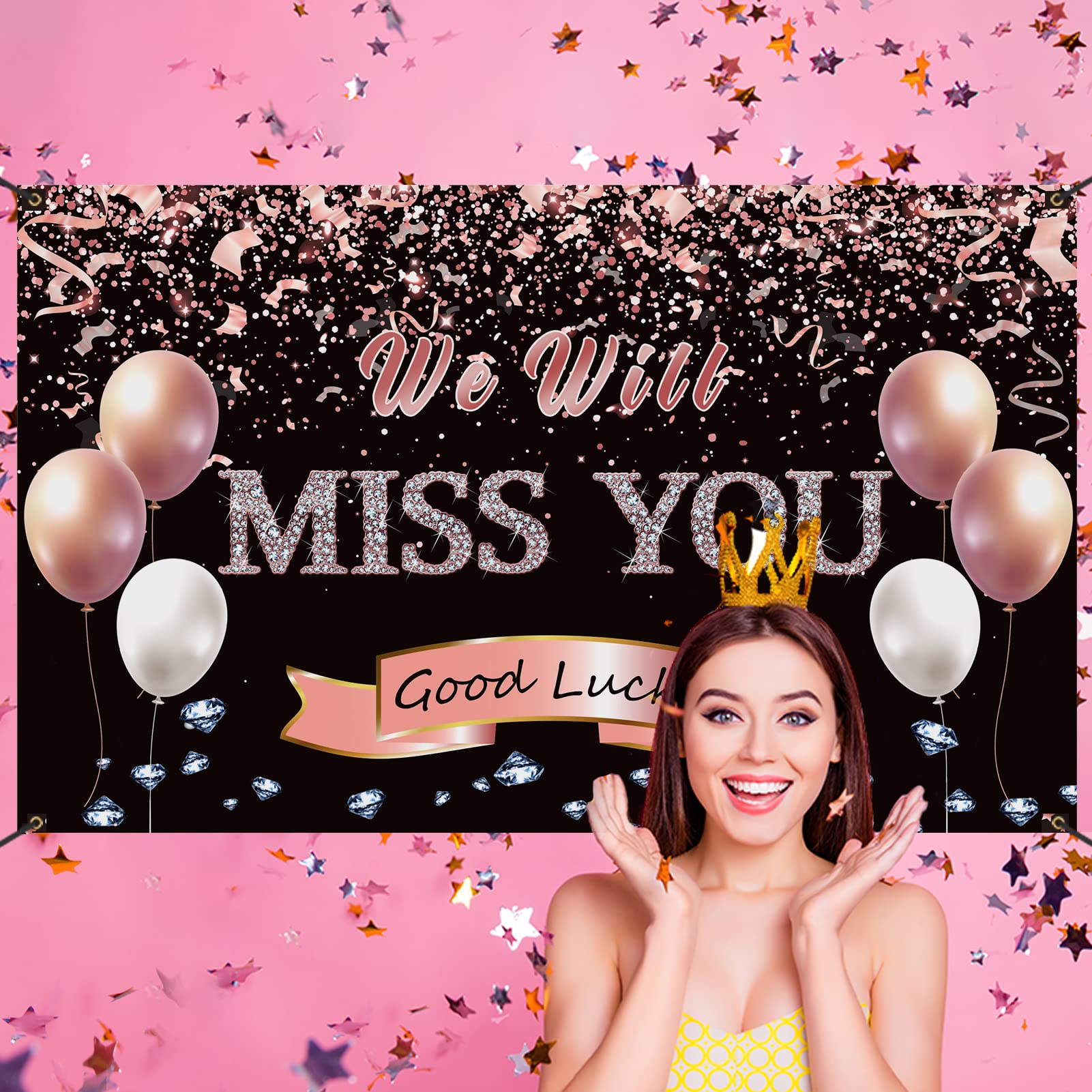 Rose Gold 'We Will Miss You' Sign Banner Backdrop - Retirement Farewell Party Decorations for Office, Graduation, Going Away & Goodbye Parties - Perfect for Work, School & Special Events