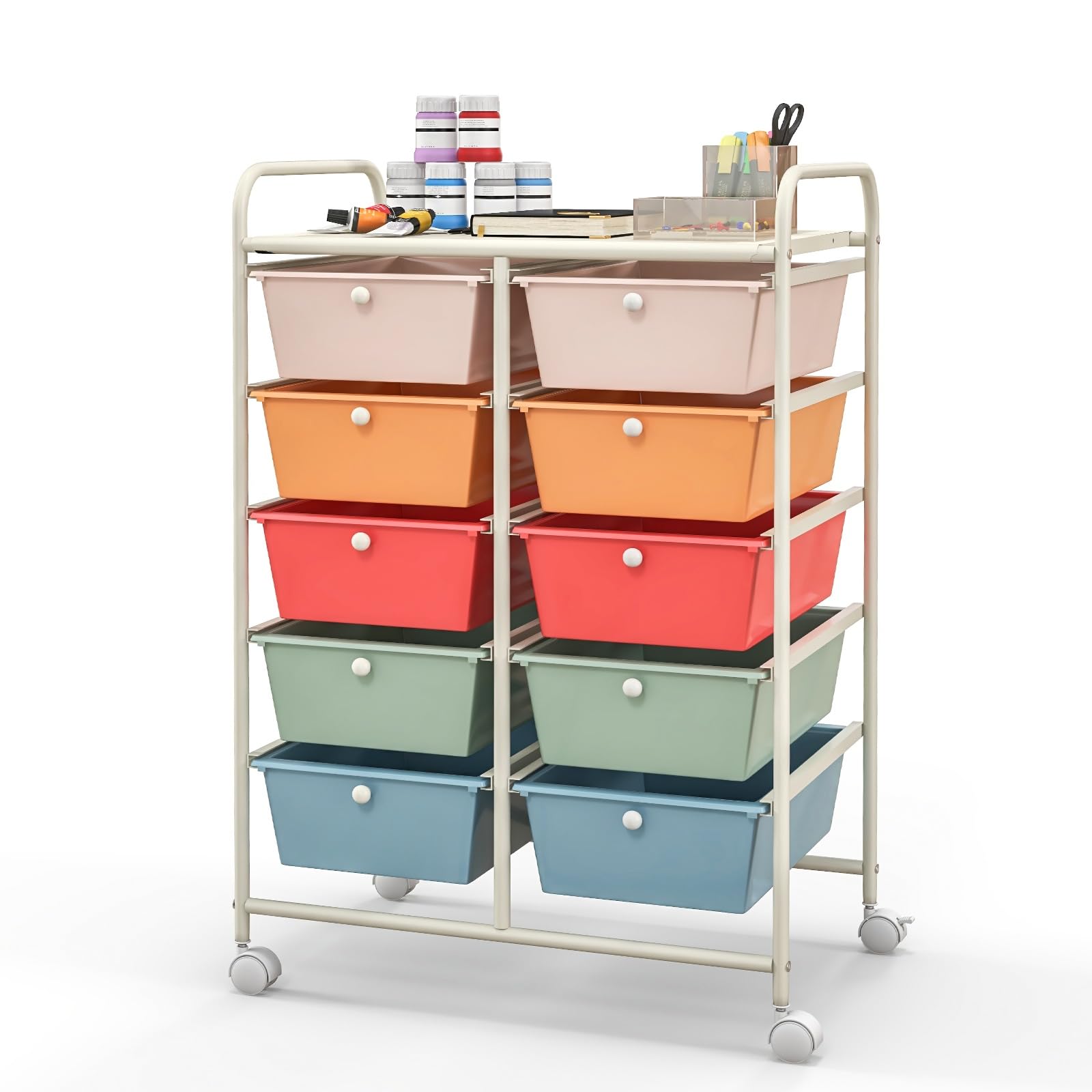 Byroce 10-Drawer Rolling Cart with Wheels - Multipurpose Craft Storage Organizer for Art Supplies, Tools, Paper - Perfect for School, Teacher, Home & Office Organization (Macaroon) - Ideal for Classroom Supplies, Craft Room Storage & Office Organization
