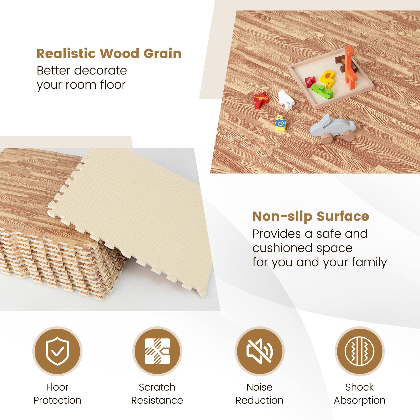 Giantex Foam Floor Tiles - 24 Pack Interlocking EVA Puzzle Mats with 48 Edge Pieces (96 sq.ft Coverage) - Wood Grain Textured Non-Slip Flooring for Playrooms, Basements, Kitchens & Farmhouse Decor - Perfect for Kids Play Areas, Home Gym & Nursery Floor Protection