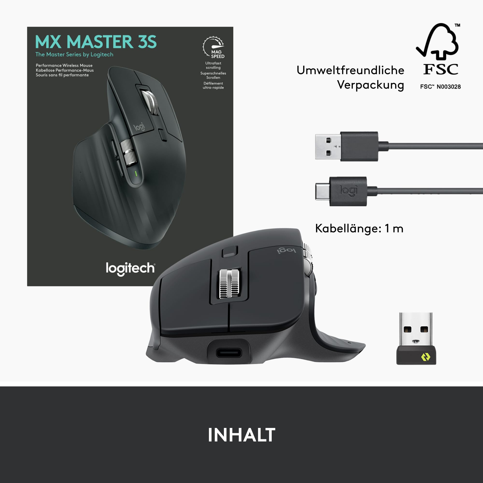 Logitech MX Master 3S Wireless Performance Mouse - Ultra-Fast Scrolling, Ergonomic Design, 8K DPI, Precise Glass Tracking, Quiet Clicks, USB-C & Bluetooth - Compatible with Windows/Linux/Chrome - Dark Gray (1-Pack) - Perfect for Office Work, Graphic Design & Productivity Tasks