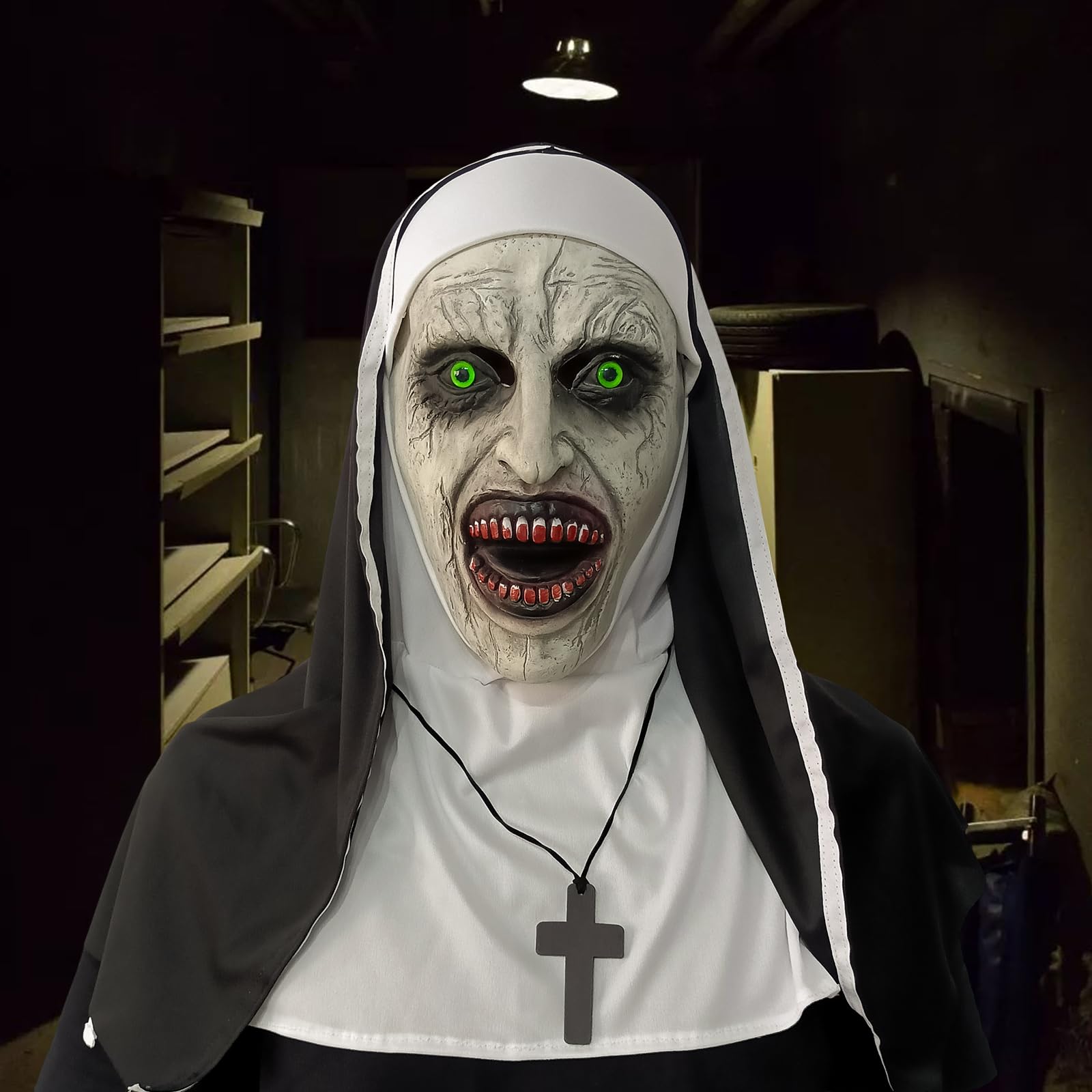 GTETKDE 2024 Scary Halloween Nun Mask - Latex Full Head Horror Costume with Cross Necklace for Adults - Perfect for Halloween Parties, Haunted Houses & Cosplay Events
