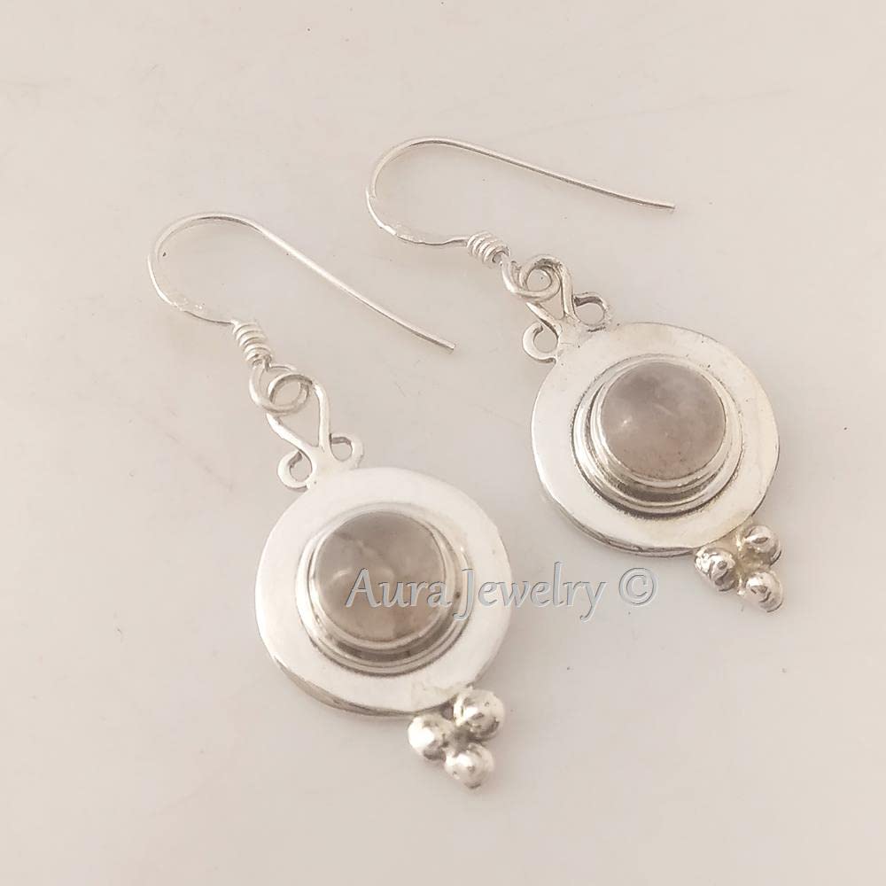 925 Sterling Silver Rose Quartz Earrings for Women - Hypoallergenic Handmade Dangle Earrings with Round Pink Gemstone, Bezel Set Jewelry - Perfect Christmas Gift for Her, Birthday Present & Everyday Elegance