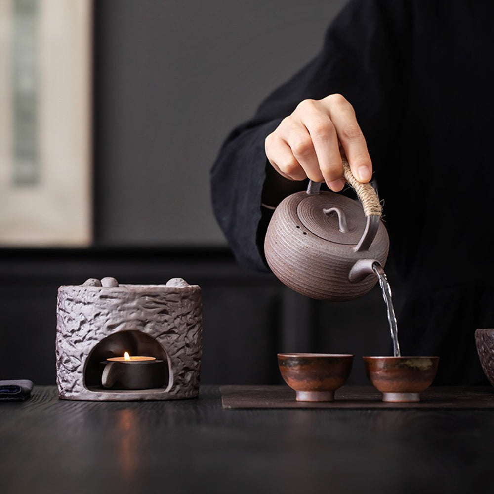 Handmade Coarse Pottery Teapot with Candle Warmer - Ceramic Tea Kettle for Loose Leaf Tea - Perfect for Home, Office & Gift Giving - Creates Cozy Atmosphere for Tea Time & Relaxation