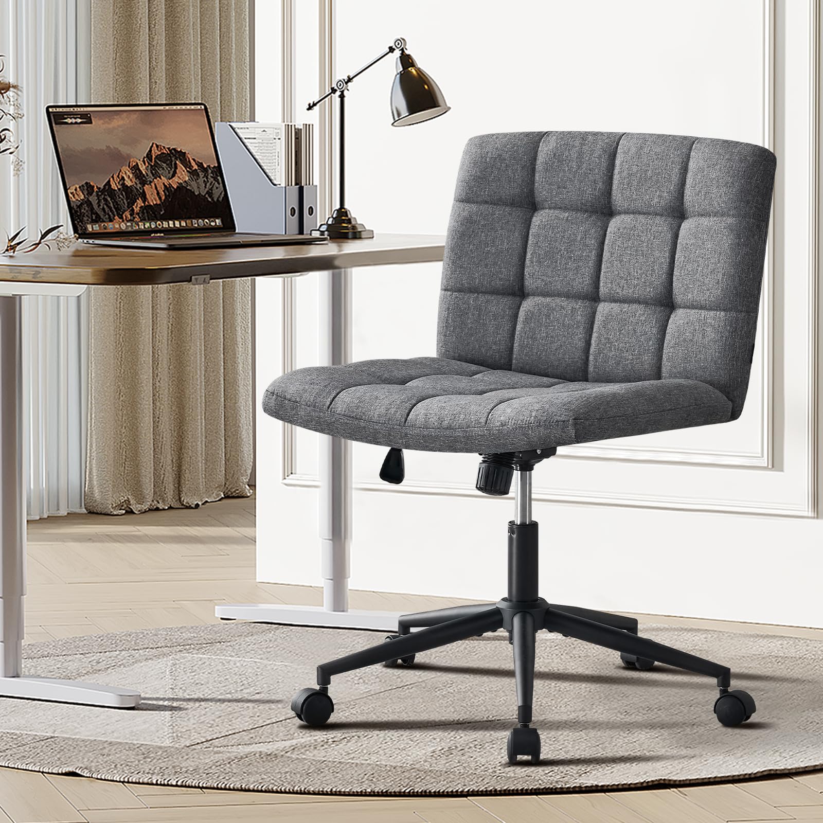 Furnimart Criss Cross Desk Chair with Wheels - 360° Swivel Wide Seat Cross Legged Office Chair with Thick Cushion, Armless Home Office Chair for Bedroom, Vanity & Study - Sturdy & Comfortable (Linen Gray) - Perfect for Small Spaces, Gaming & Remote Work