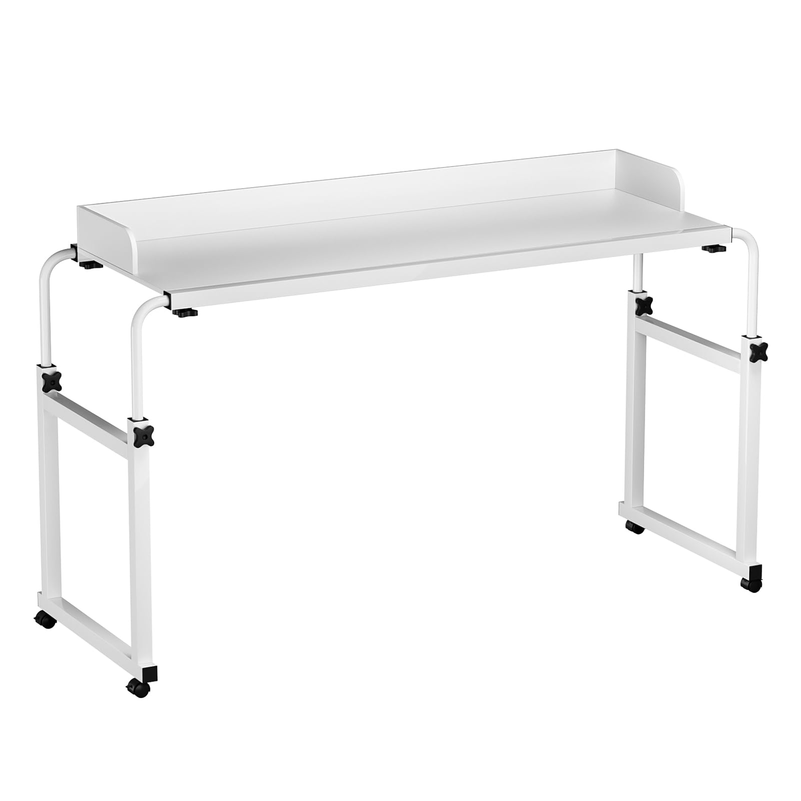 Adjustable Height Overbed Table with Wheels - Portable Rolling Desk for Laptop, Standing Workstation - Ideal for Hospital, Home Office & Bedroom Use - White Mobile Table with Raised Edge