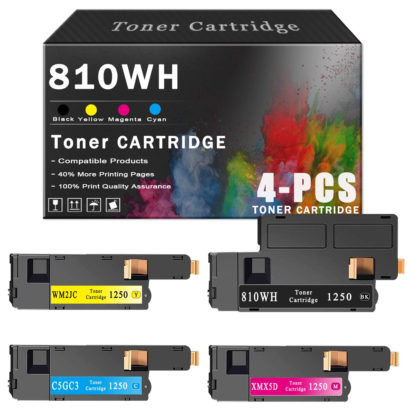 4-Pack (1BK+1C+1M+1Y) 810WH C5GC3 WM2JC XMX5D Compatible Toner Cartridge Replacement for Dell C1765nfw/C1765nf/C1760nw/1350cnw/1355cn/1250c/1355cnw Printers - Ideal for Home Office & Small Business Printing Needs