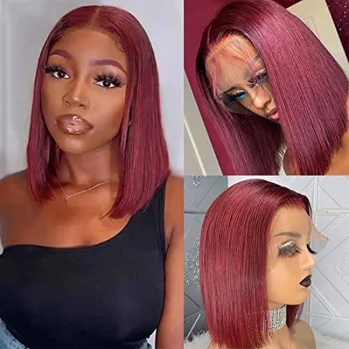Nadula 12A Blunt Cut Bob Lace Front Wig - 100% Human Hair Dark Red Burgundy Color for Women | 99J Bone Straight Neck Length Bob Straight 13x5 T-Part Wig with Pre-Plucked Baby Hair & 150% Density (12 Inch) | Perfect for Daily Wear, Cosplay, and Special Occasions