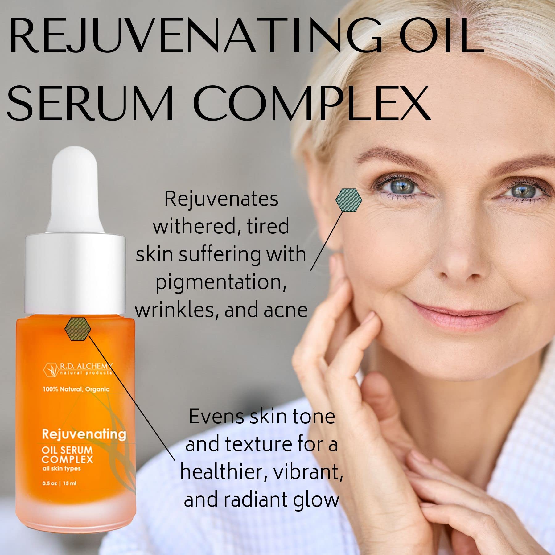 RD Alchemy - 100% Natural & Organic Rejuvenating Face Oil Serum with Argan, Jojoba, Rosehip, Retinol & CoQ10 - Reduces Acne, Wrinkles, Fine Lines, Sun Spots & Dryness - Perfect for Nighttime Skincare & Anti-Aging Routine