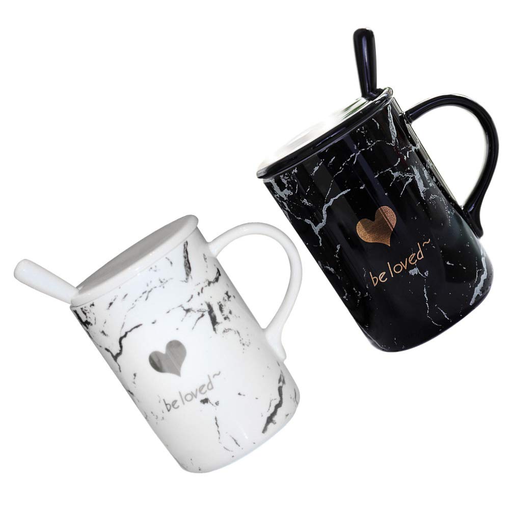 HEMOTON 2-Pack Marble Design Coffee Mugs for Couples - Ceramic Tea Cups, Milk Glasses & Water Drinking Cups - Perfect Wedding Gift, Bridal Shower Present, Anniversary or Valentine's Day - Ideal for Romantic Breakfast, Coffee Dates & Couple Moments