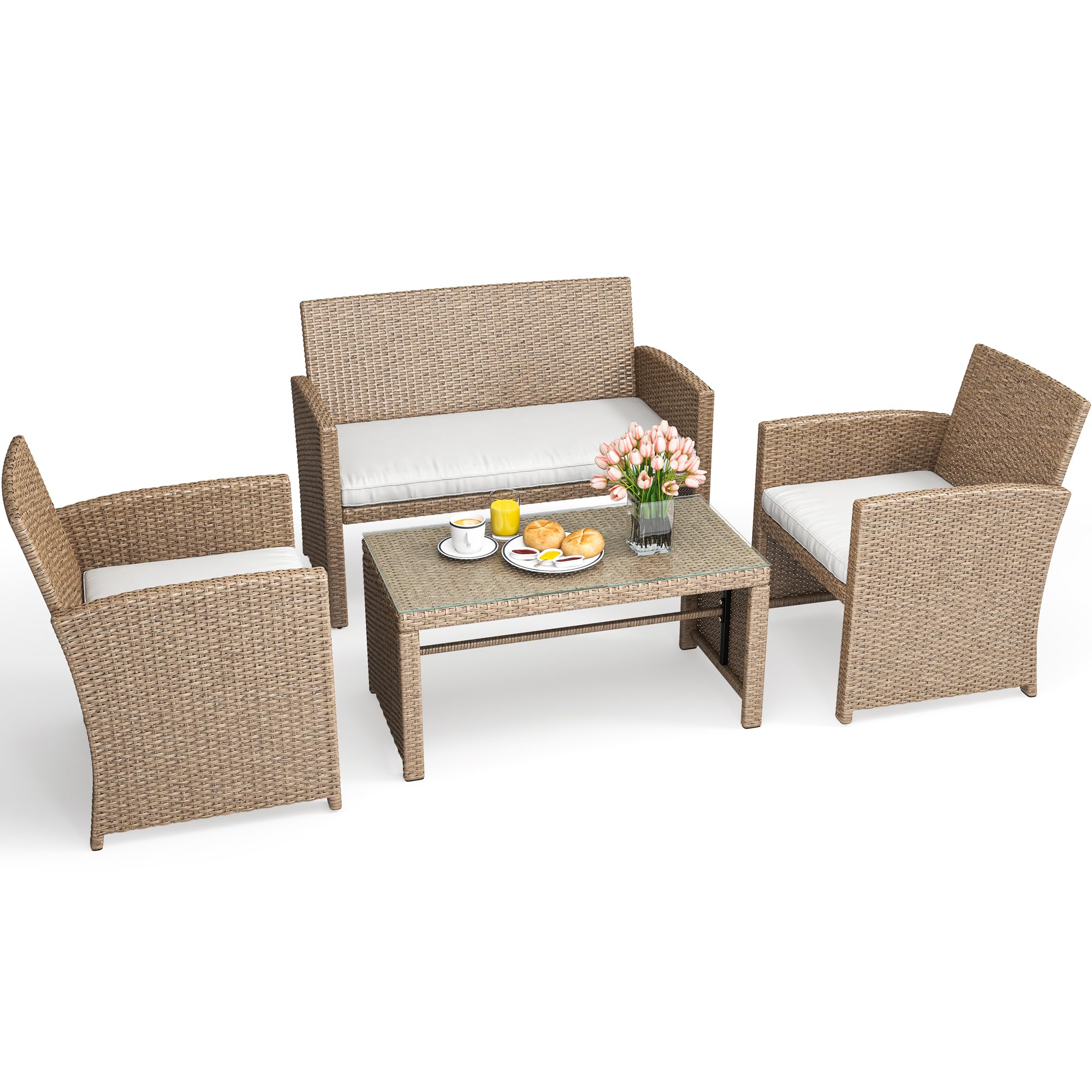 YITAHOME 4-Piece Patio Bistro Set - All-Weather Outdoor Rattan Wicker Loveseat with Glass Side Table & Cushions (Light Brown/Beige) - Perfect for Garden, Balcony & Backyard Relaxation